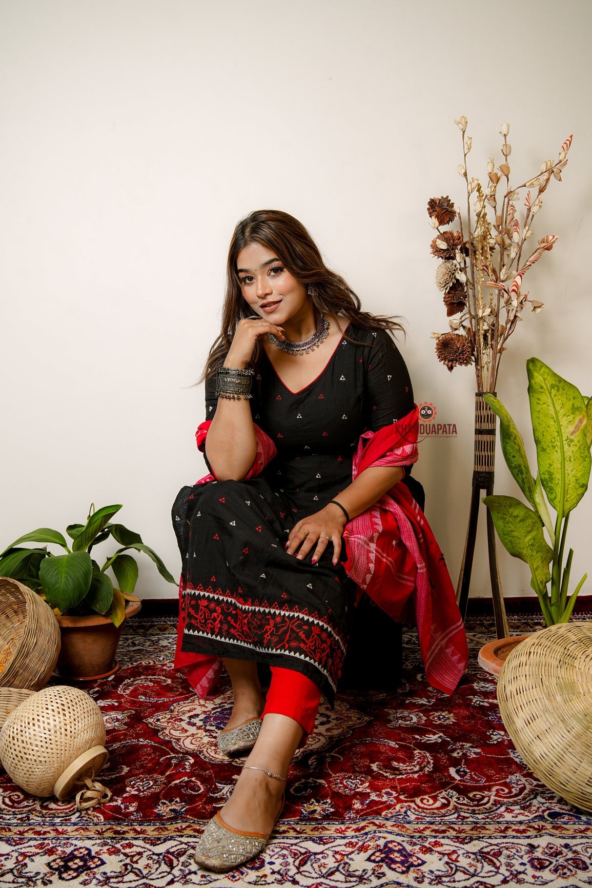 Black & Red Embroidery Design Unstitched Suit For Women
