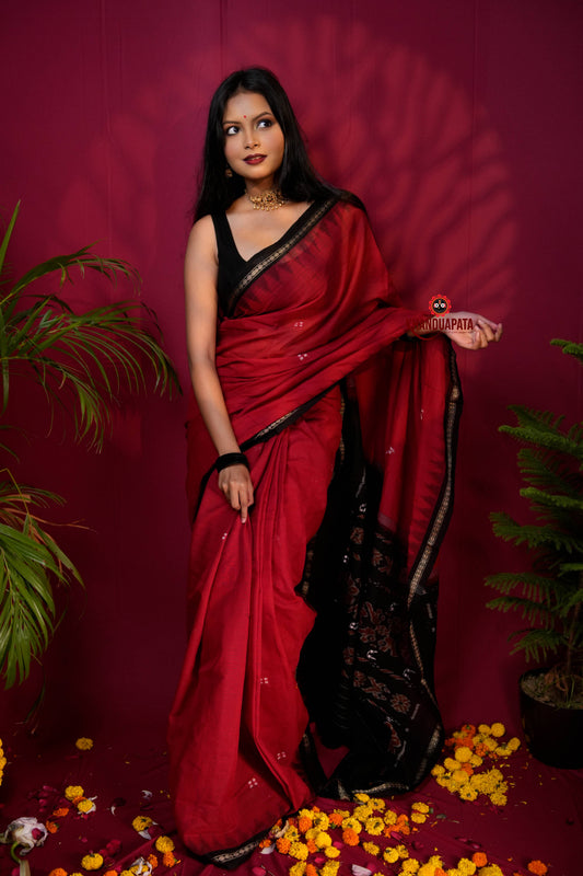 Red & Black Dot Design Cotton Saree For Women