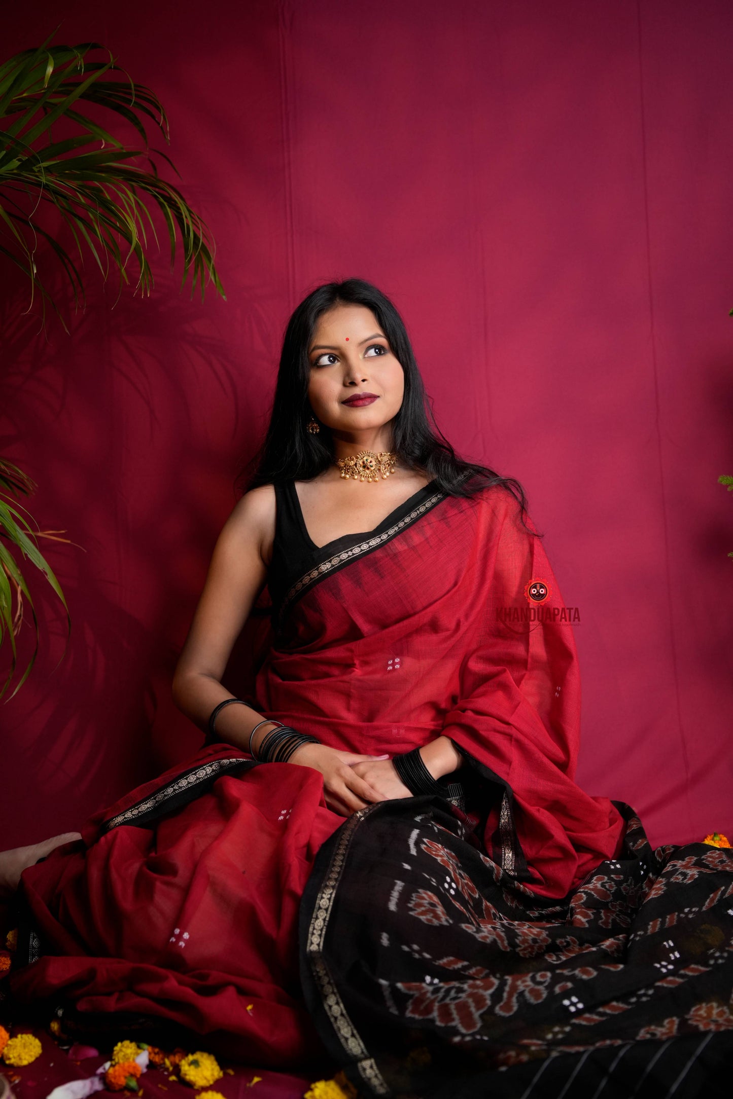 Red & Black Dot Design Cotton Saree For Women