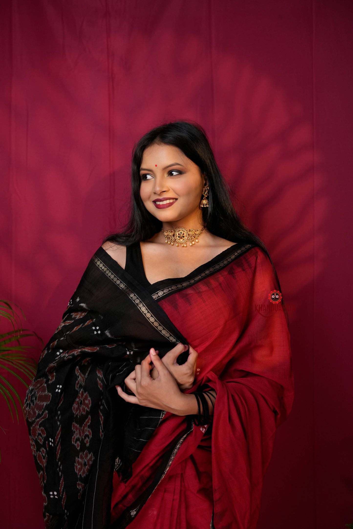 Red & Black Dot Design Cotton Saree For Women