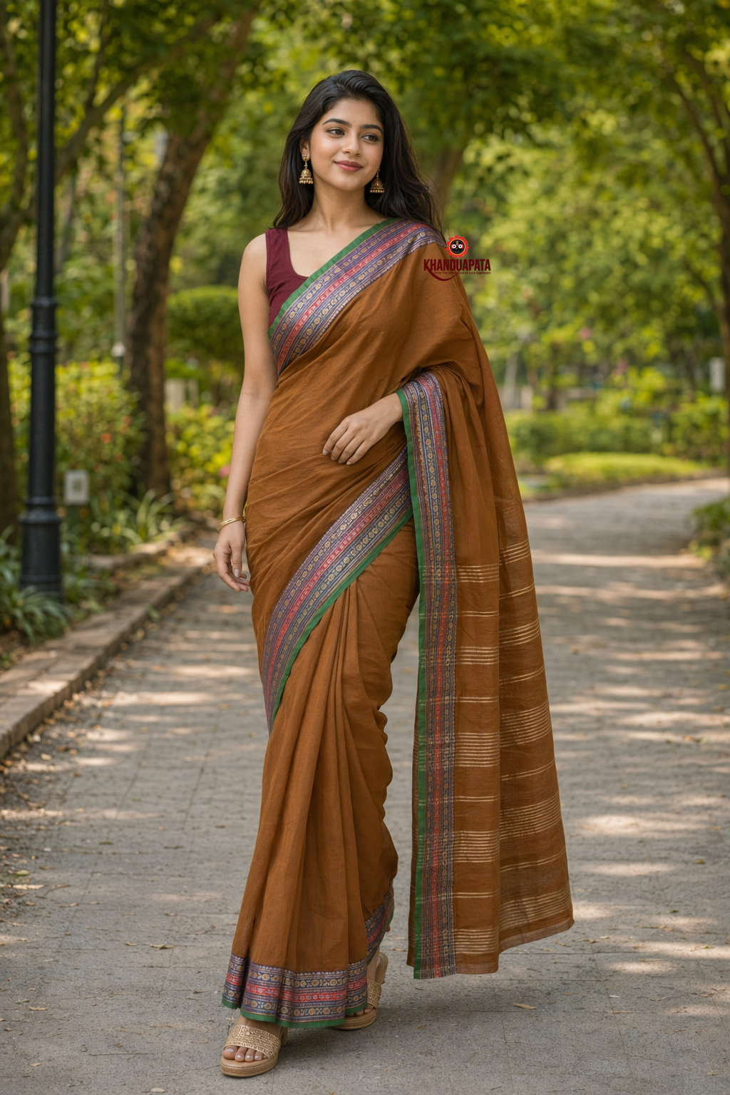 Rust Brown Traditional Border Cotton Saree For Women