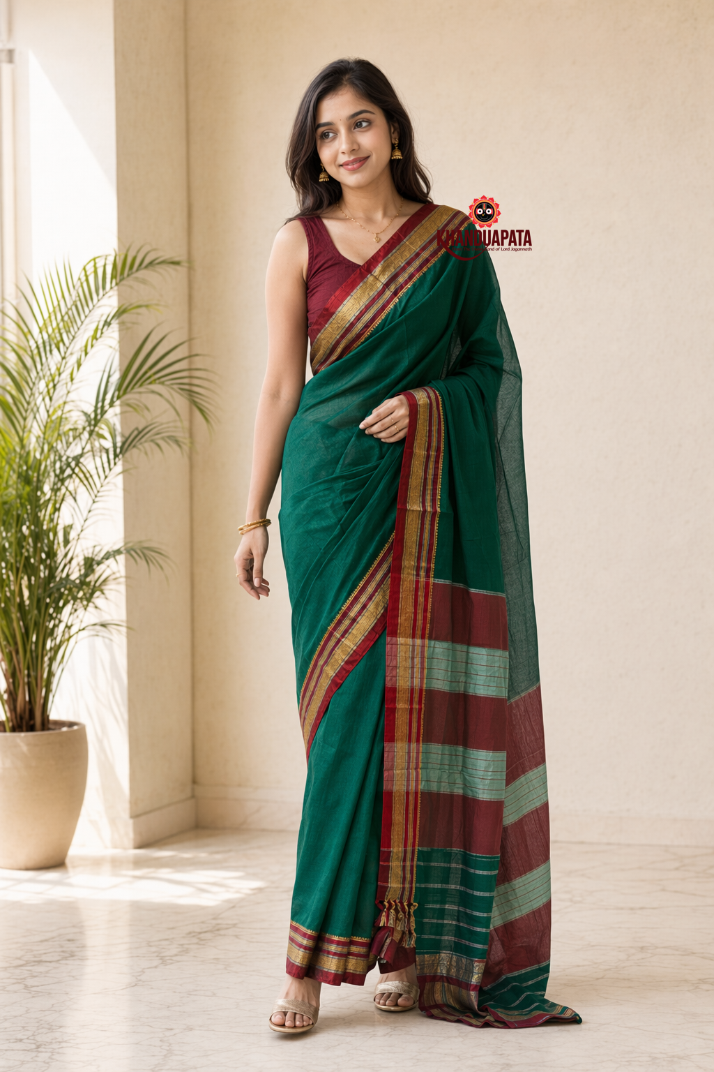 Teal Green Plain Body Cotton Silk Saree For Women