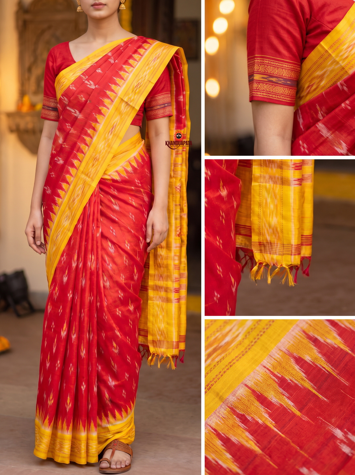 Red and bright yellow colour traditional Ikat design silk saree by Khanduapata - border detail
