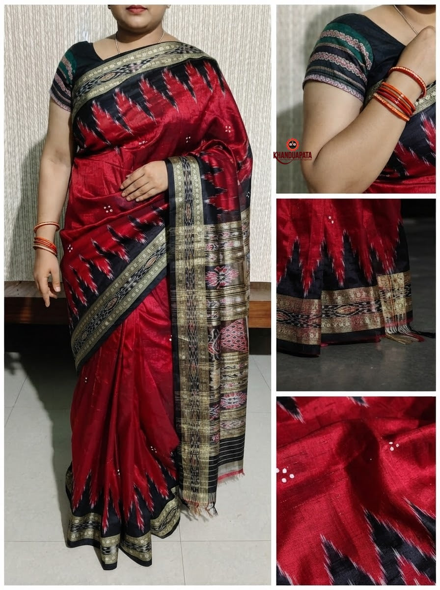 Red and black colour traditional Ikat design silk saree by Khanduapata - border detail
