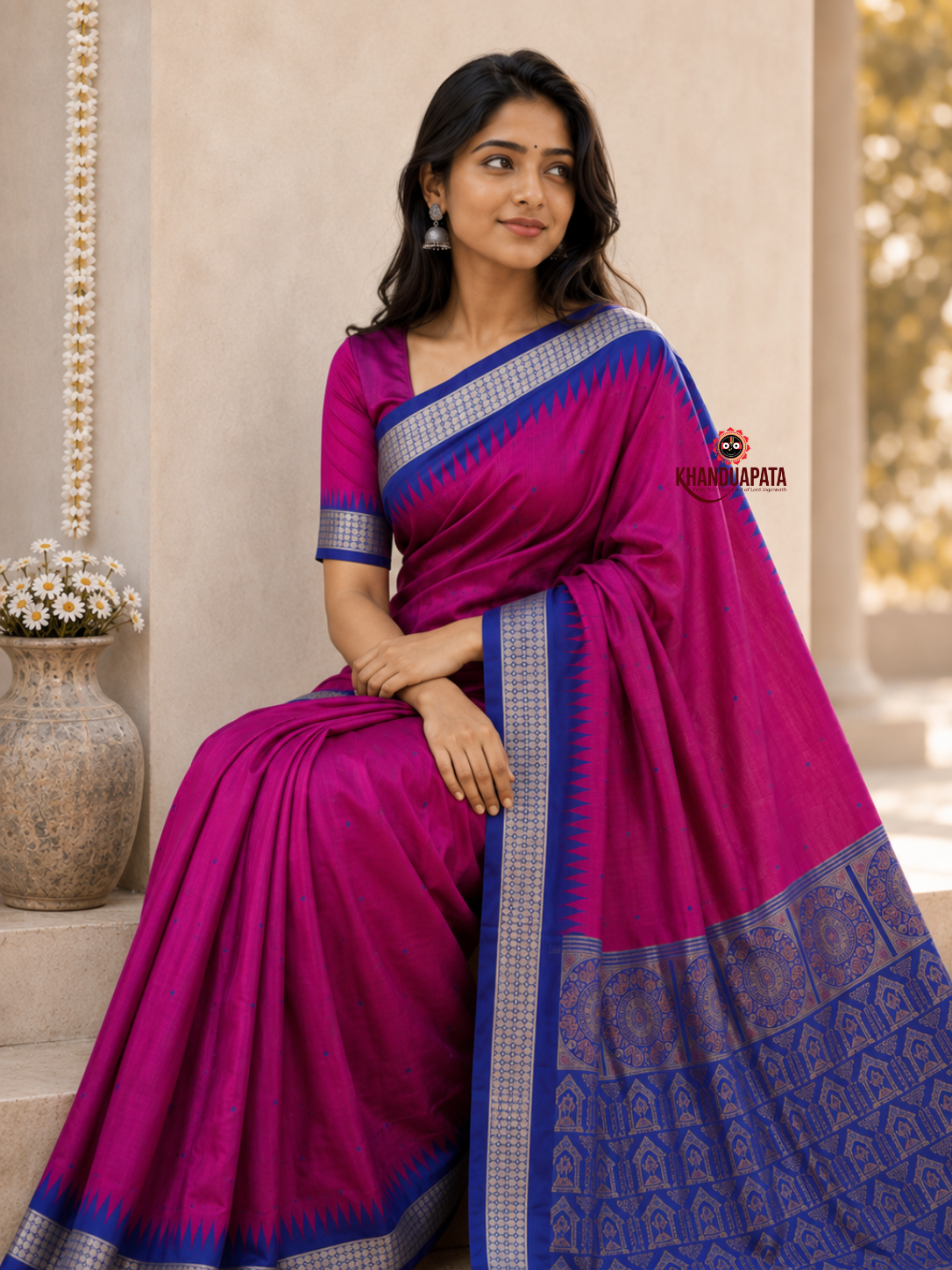 Blue and magenta colour dot design silk saree by Khanduapata - border detail