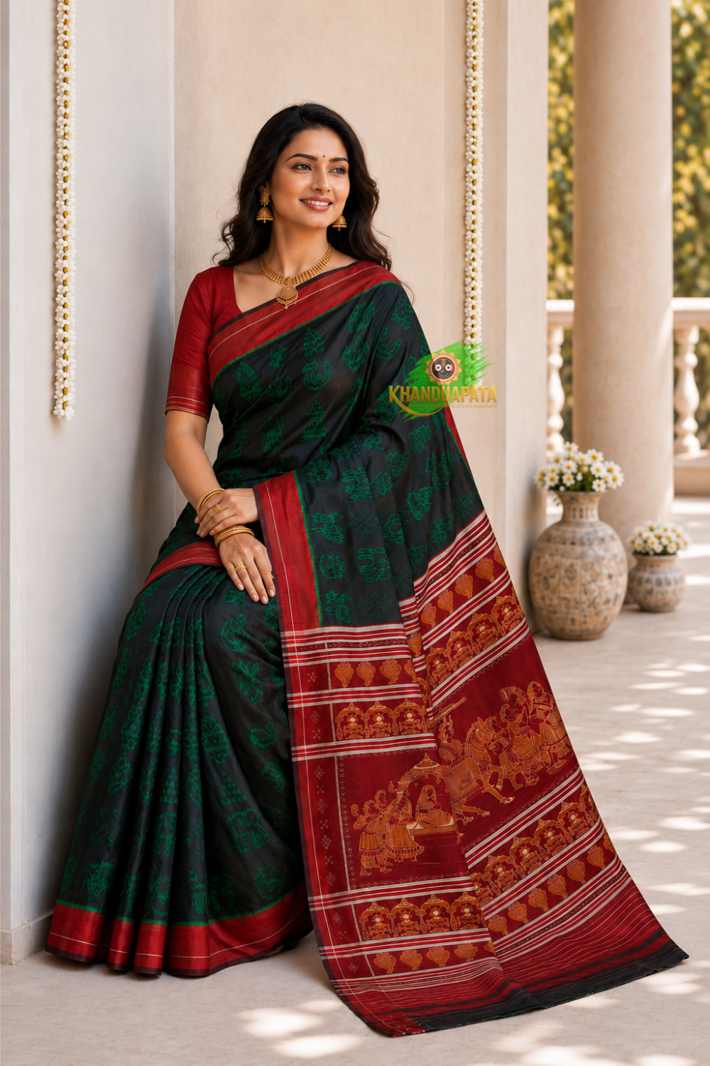 Black and green colour floral design silk saree by Khanduapata - border detail