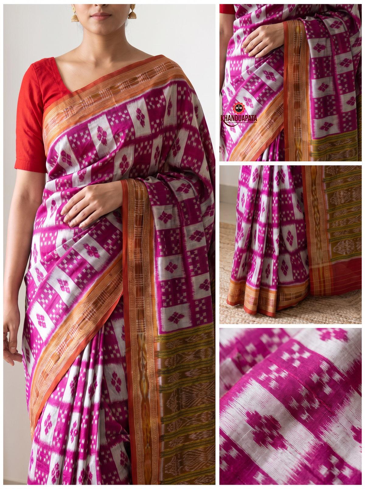 Magenta and white colour geometric Ikat design silk saree by Khanduapata - border detail