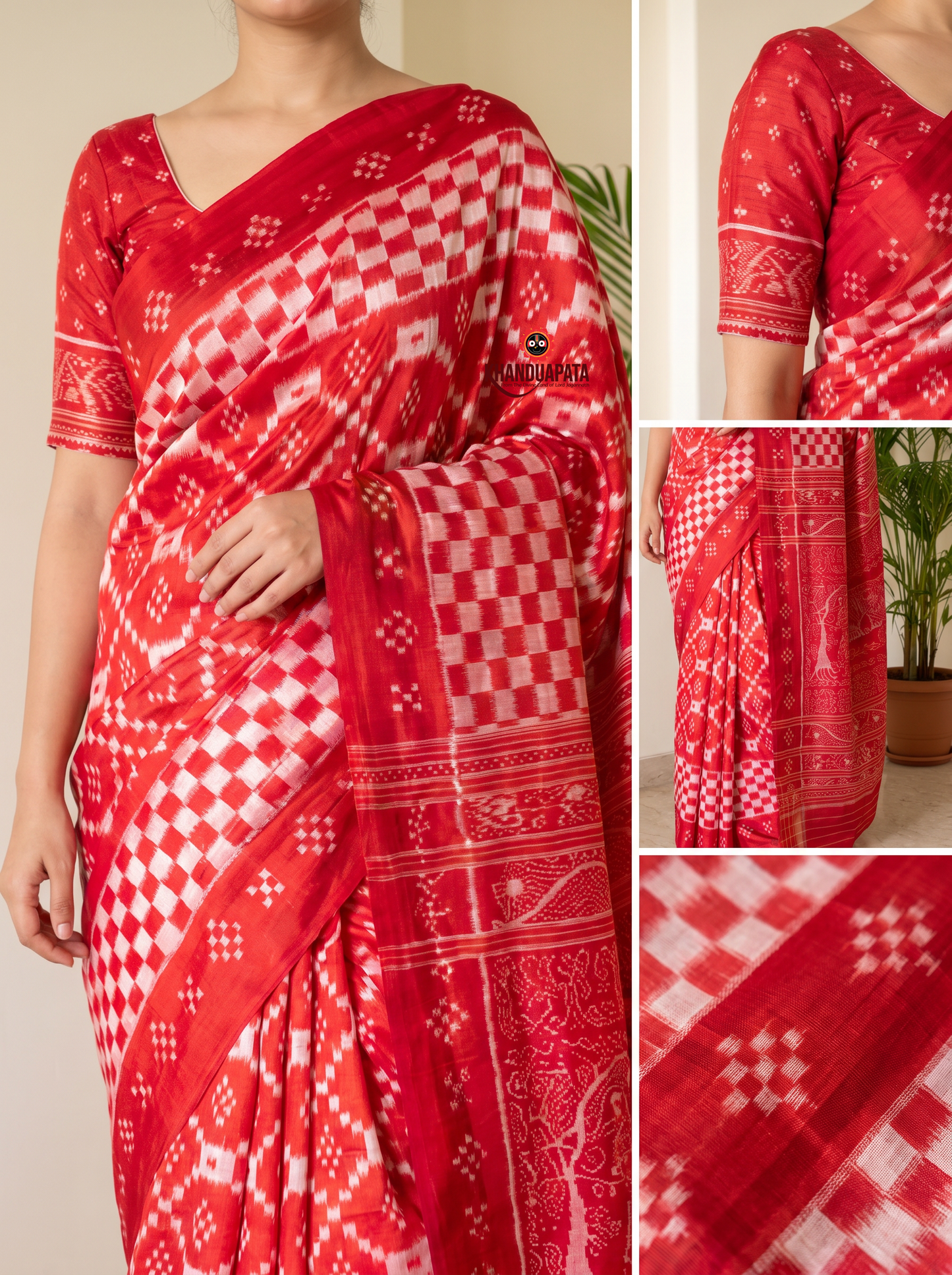 Red and white colour traditional checkered design silk saree by Khanduapata - border detail