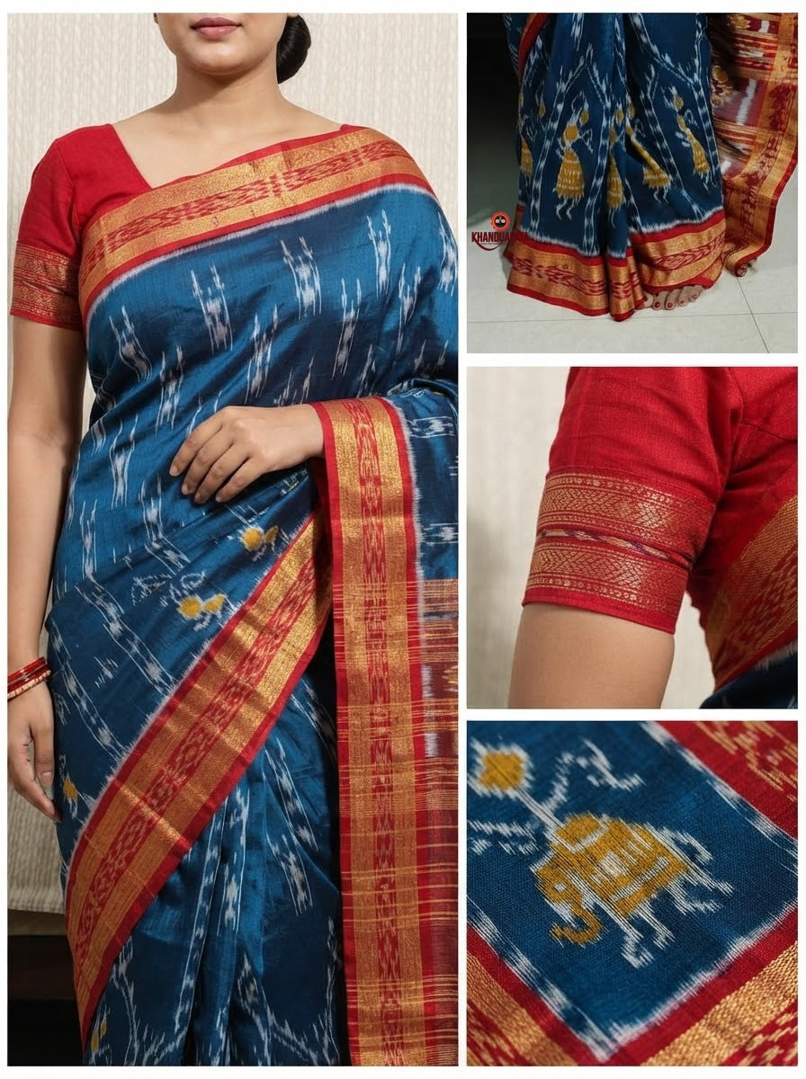 Blue and maroon colour doll design silk saree by Khanduapata - motif detail