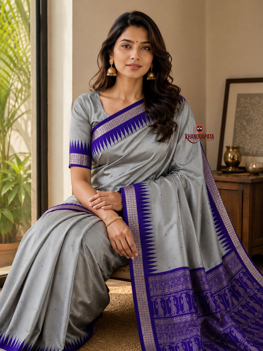 Grey and blue colour dot design silk saree by Khanduapata - border detail