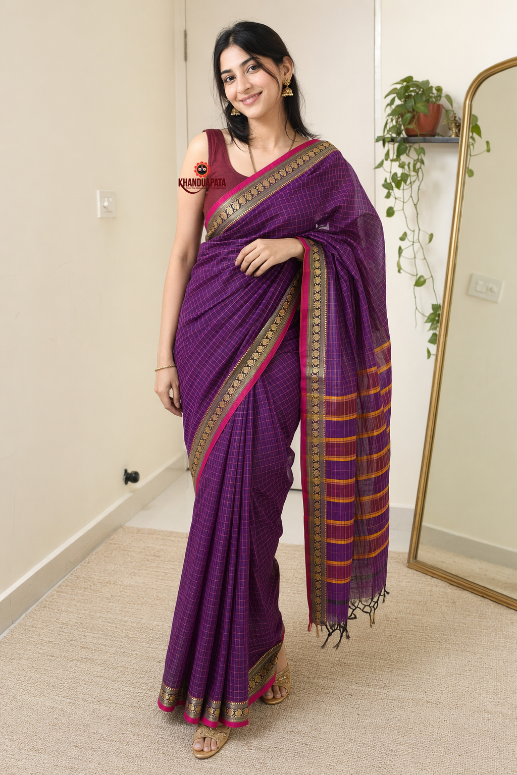 Deep Purple Checked Traditional Border Cotton Saree For Women