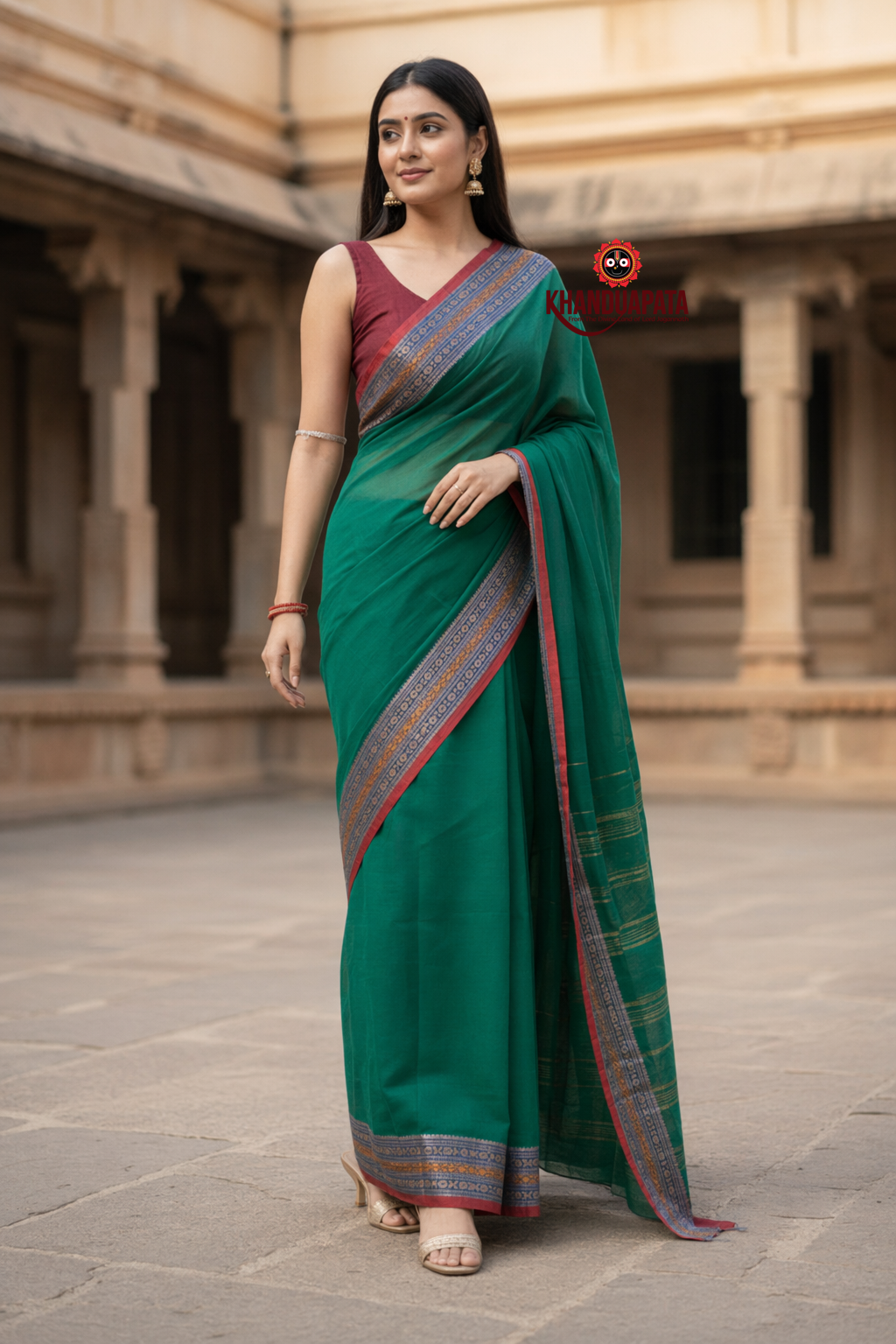 Teal Green Plain Body Cotton Saree For Women