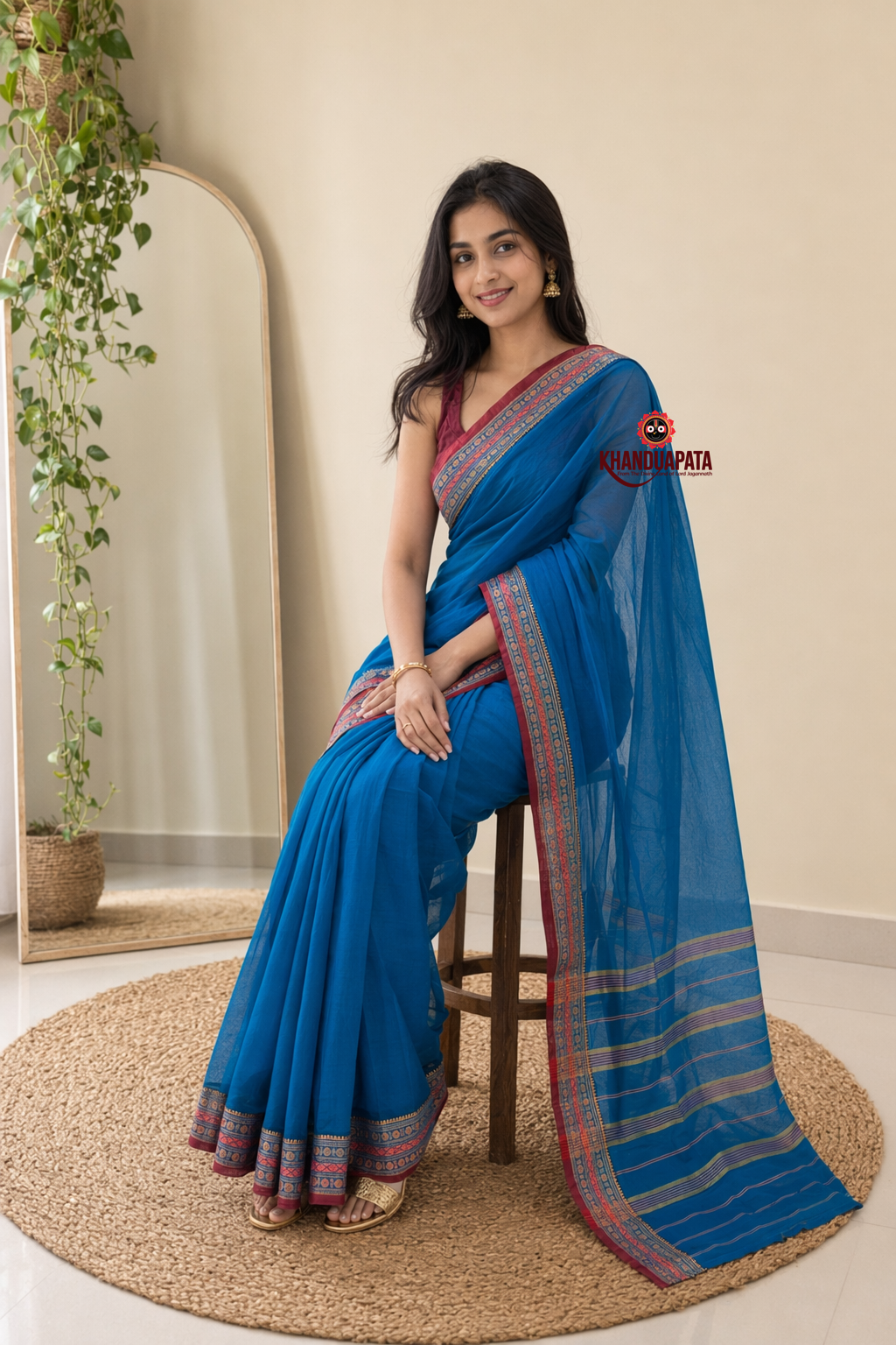 Blue & Pink Contrast Border Cotton Saree For Women