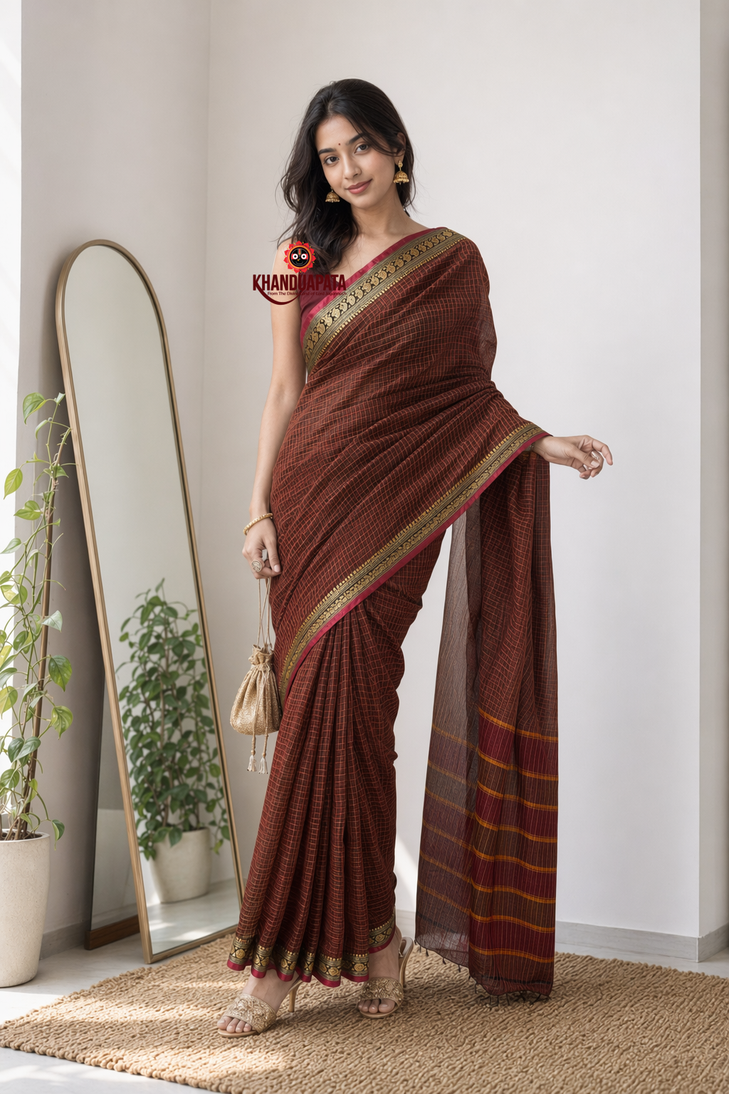 Brown Checked Traditional Border Cotton Saree For Women