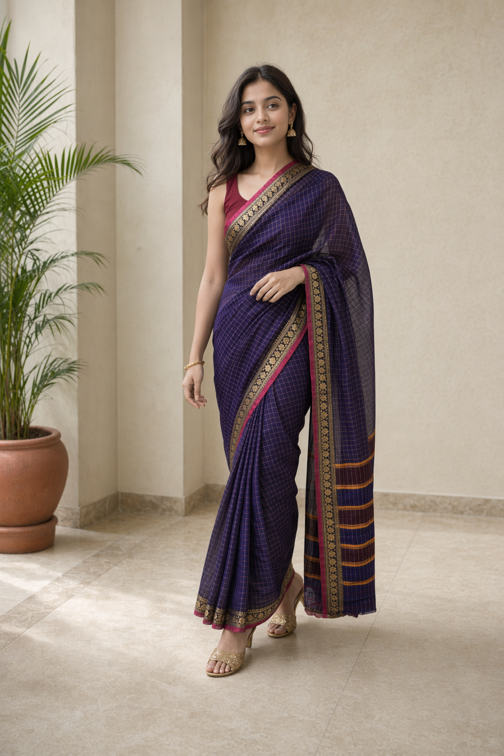 Navy Blue Checked Contrast Border Cotton Saree For Women