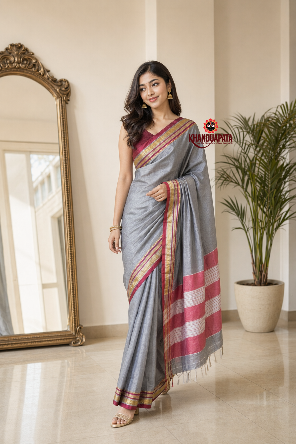 Silver Grey Plain Body Cotton Silk Saree For Women