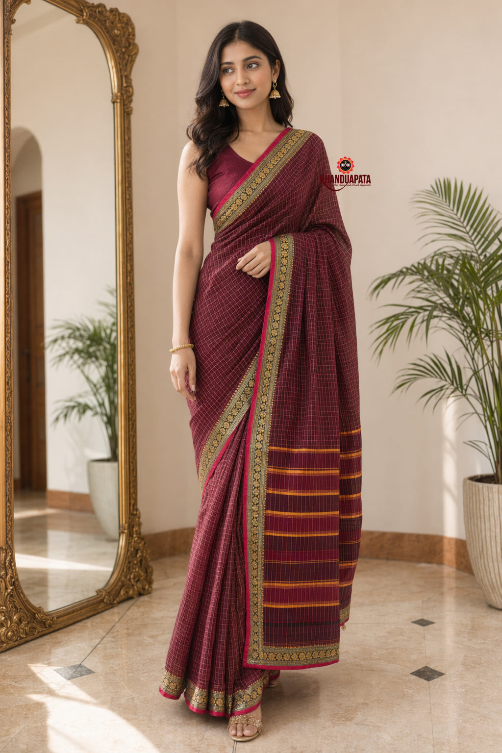 Deep Red Checked Traditional Border Cotton Saree For Women