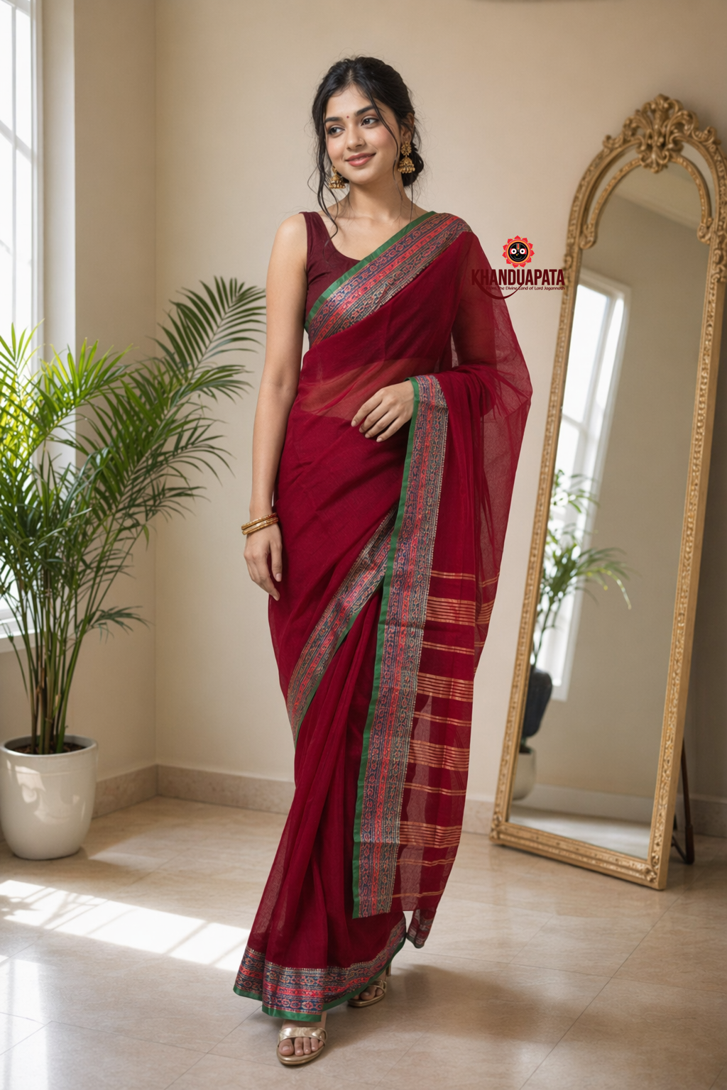 Deep Red Plain Body Cotton Saree For Women