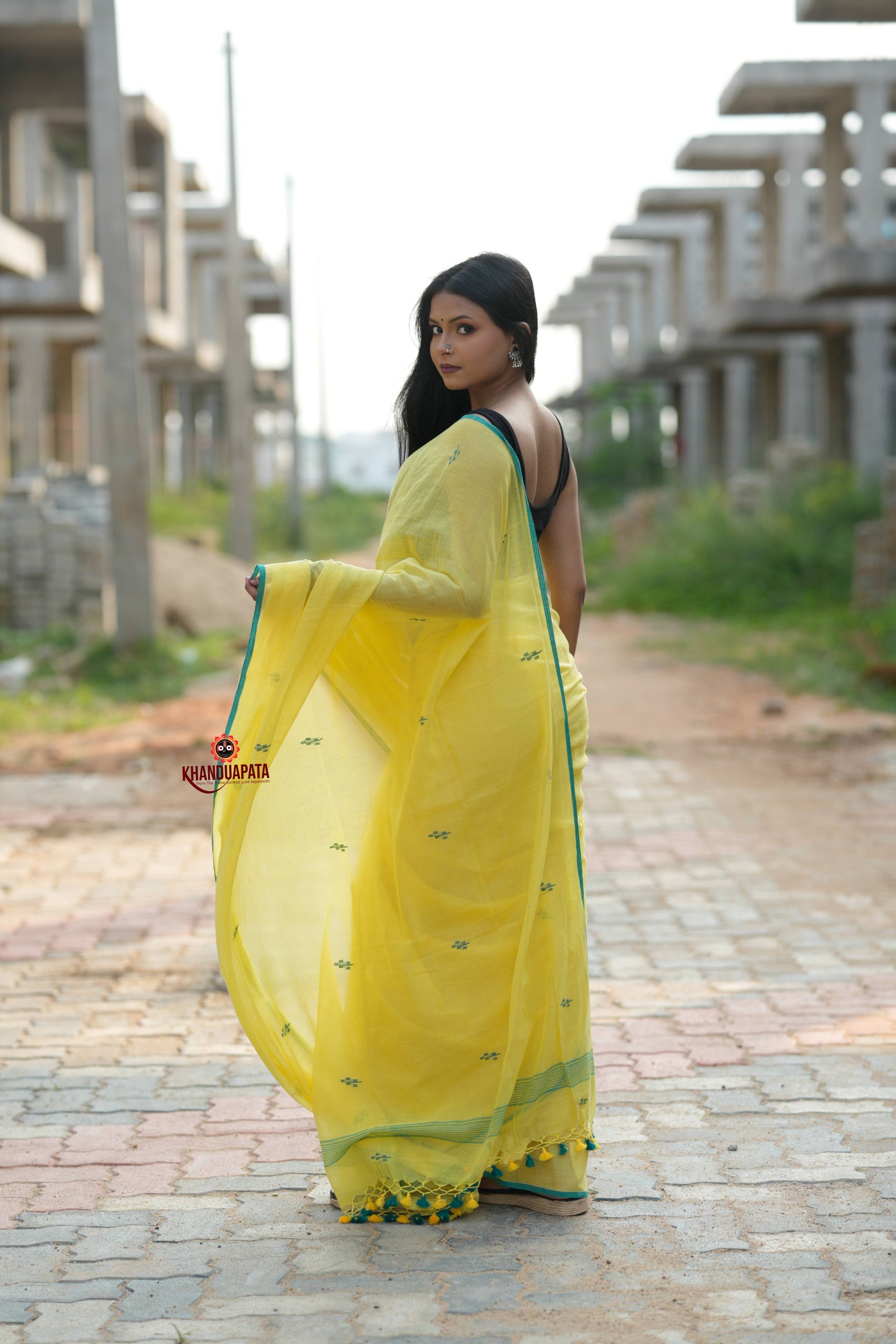 Yellow and Green Leaf Pattern Cotton Saree For Women