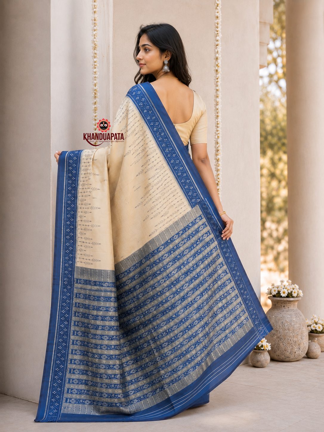 Ivory and indigo-blue border plain silk saree by Khanduapata - border detail