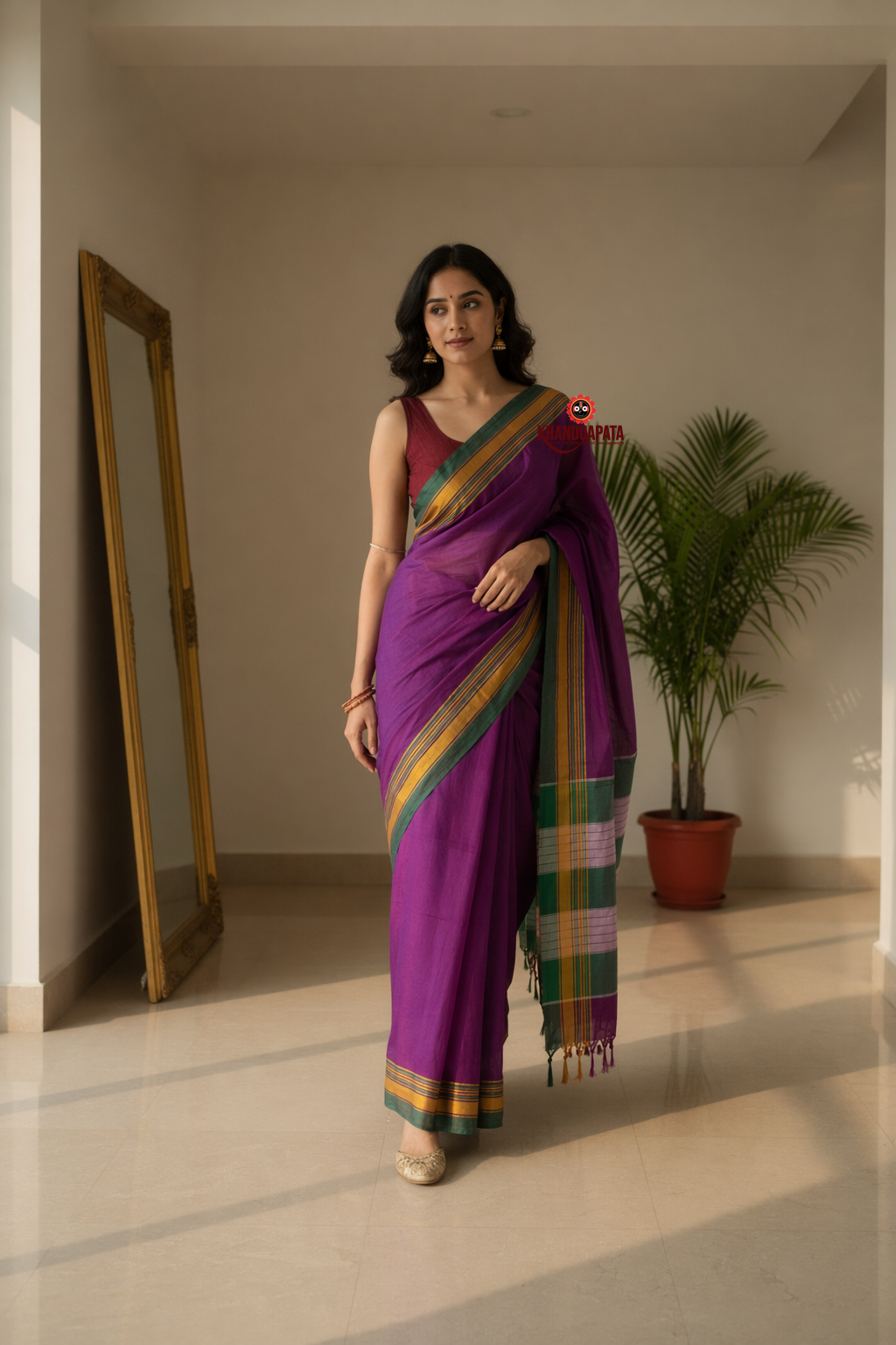 Purple & Green Plain Body Cotton Silk Saree For Women