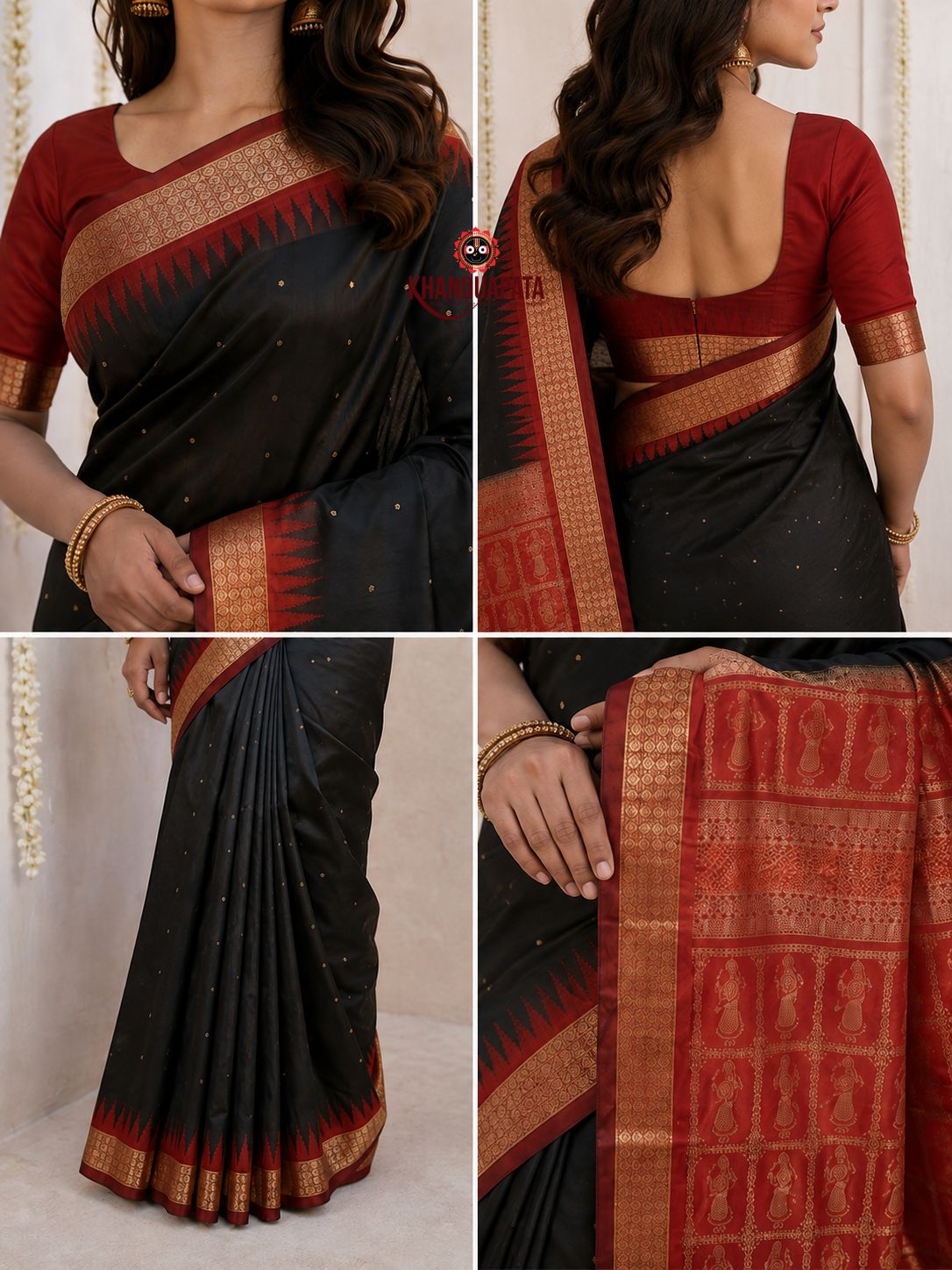 Black and red colour dot design silk saree by Khanduapata - styled view