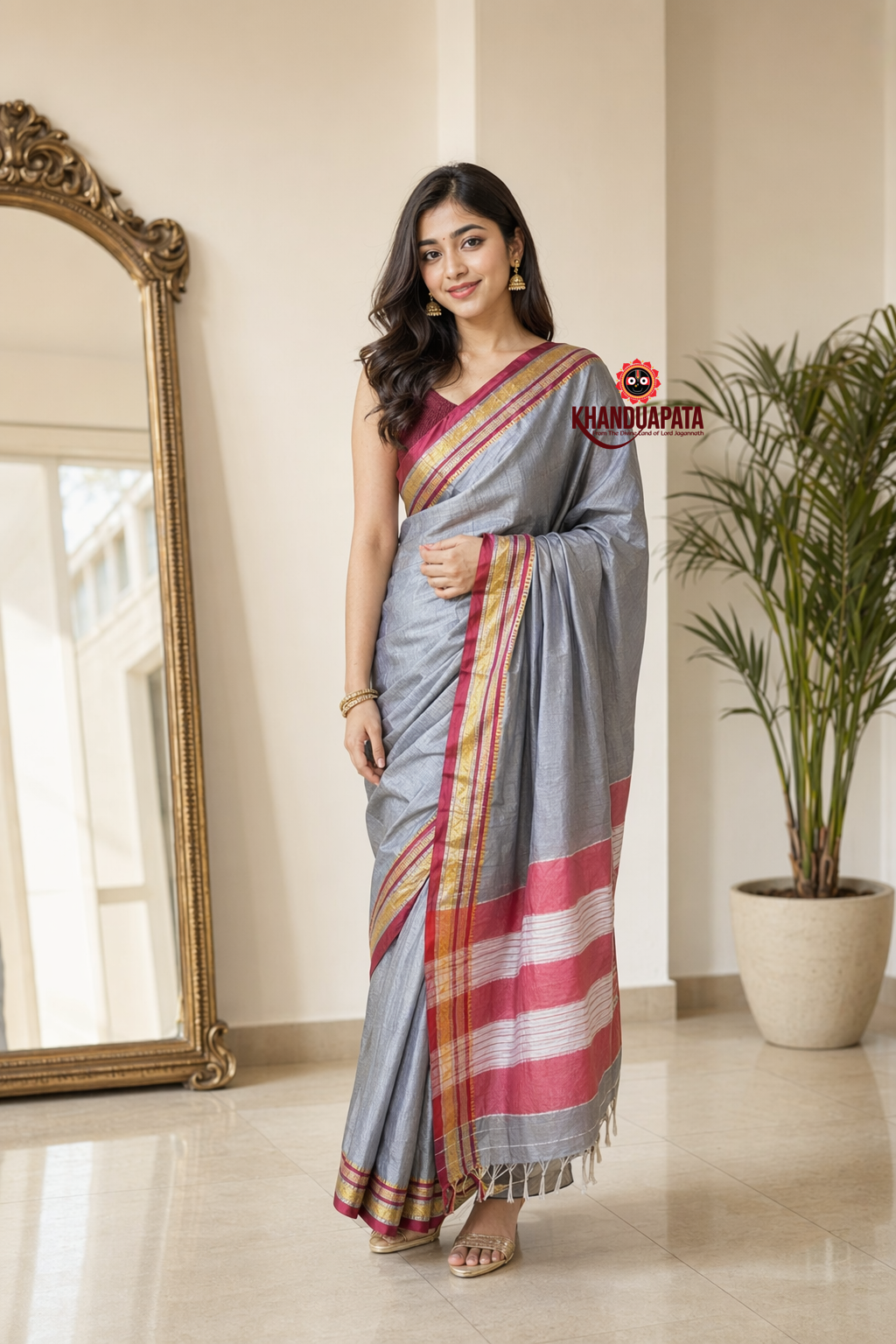 Silver Grey Plain Body Cotton Silk Saree For Women