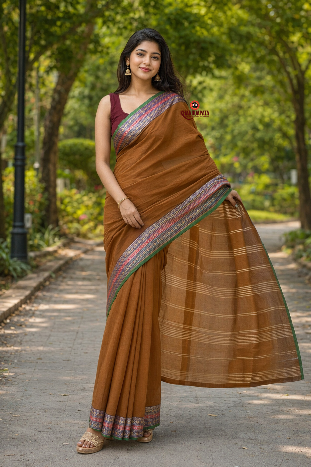 Rust Brown Traditional Border Cotton Saree For Women
