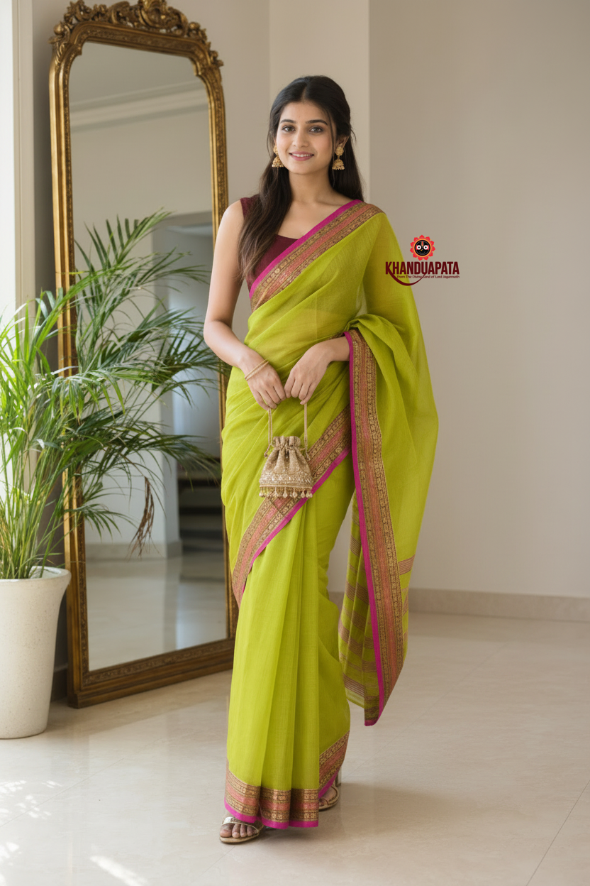Lime Green Plain Body Cotton Saree For Women