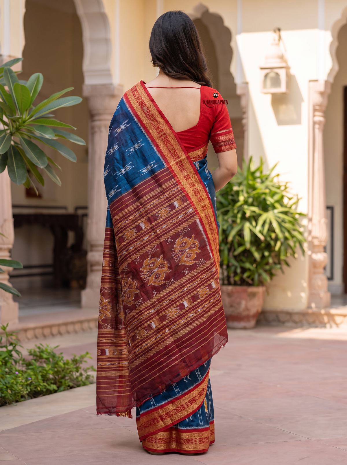 Blue and maroon colour doll design silk saree by Khanduapata - styled view