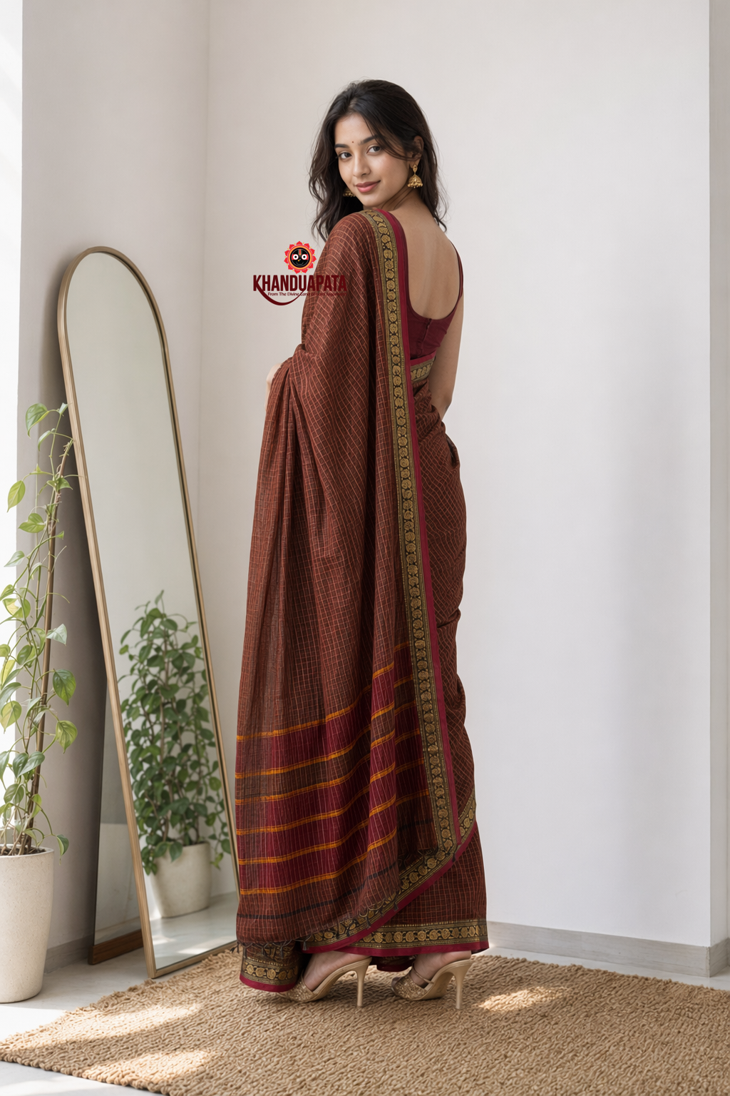 Brown Checked Traditional Border Cotton Saree For Women