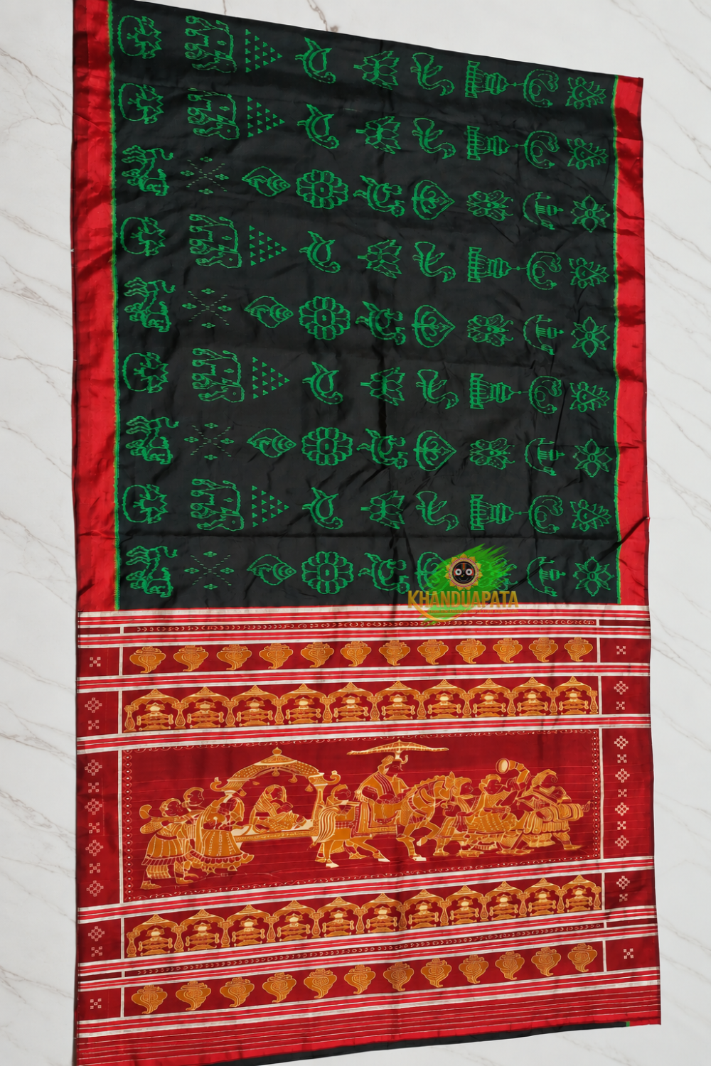 Black and green colour floral design silk saree by Khanduapata - styled view