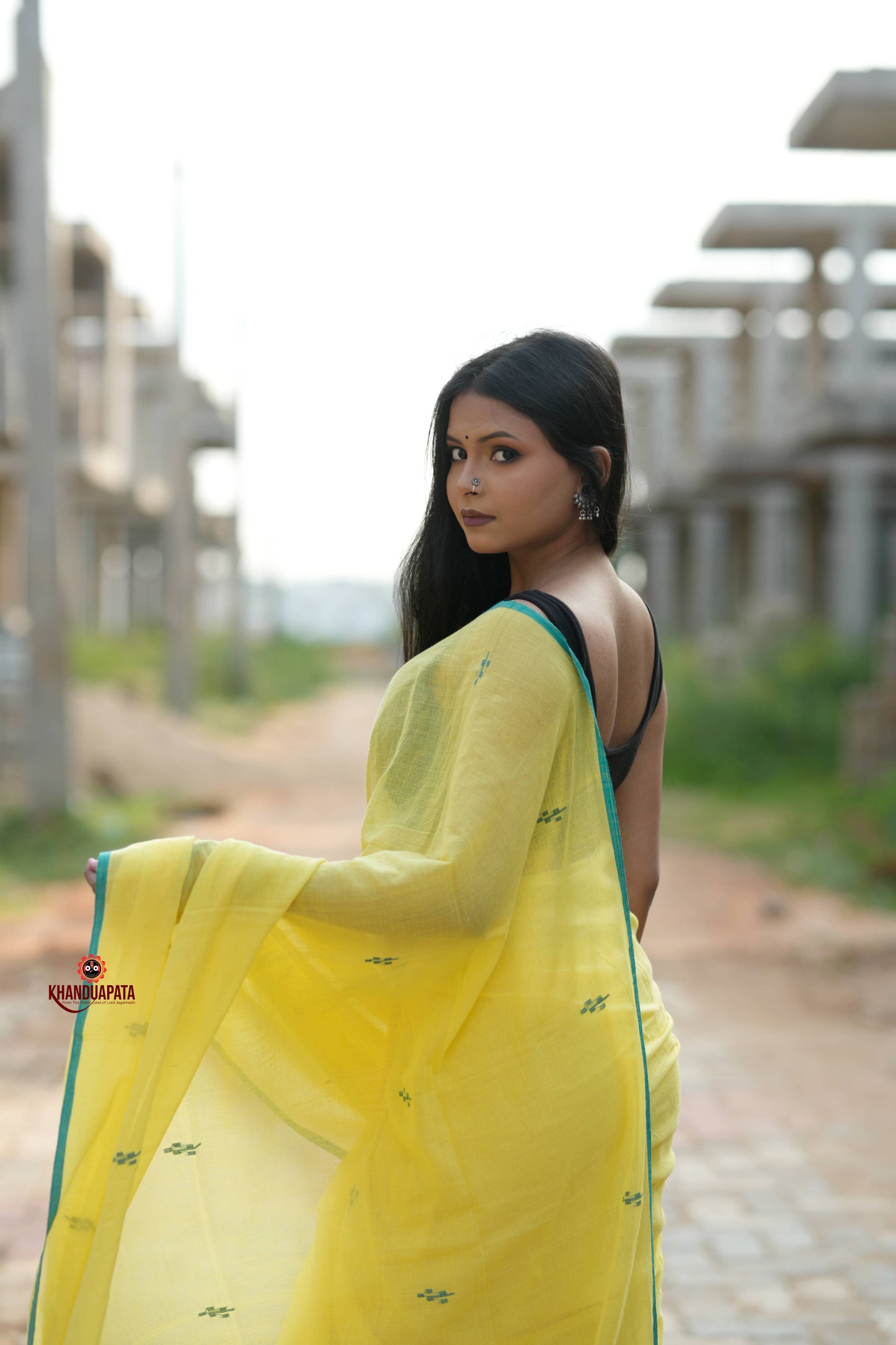 Yellow and Green Leaf Pattern Cotton Saree For Women