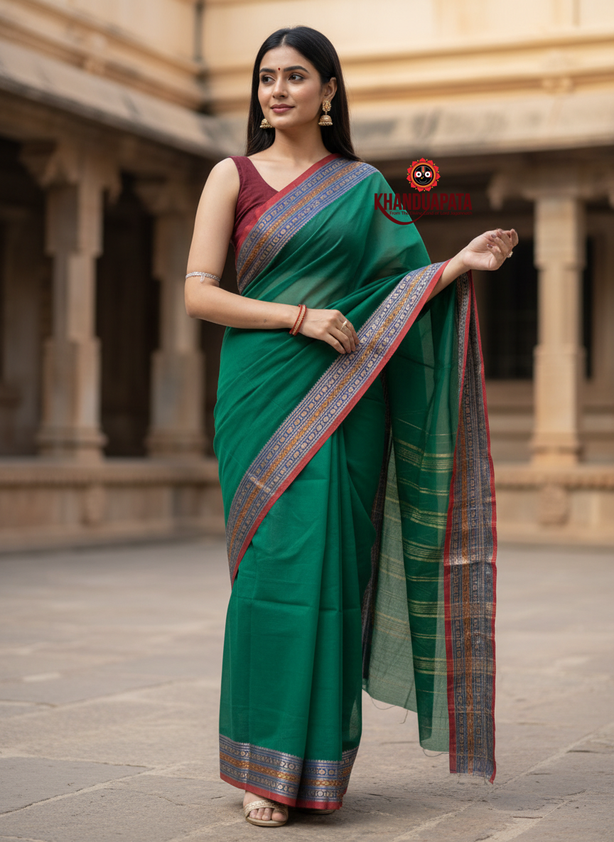 Teal Green Plain Body Cotton Saree For Women