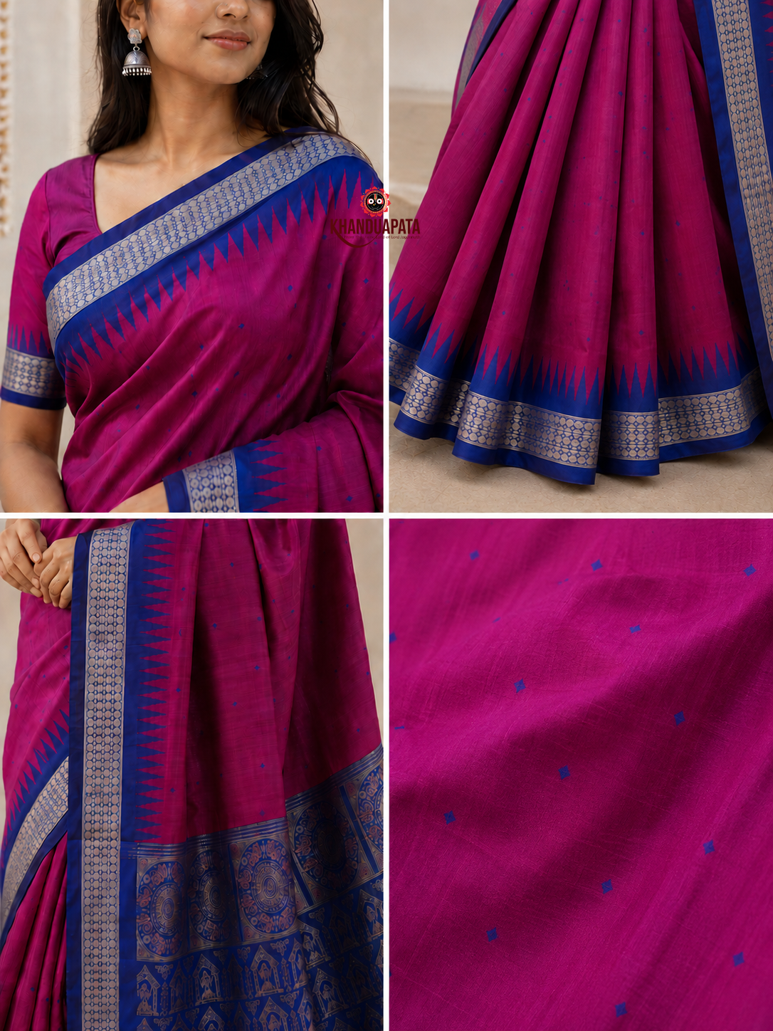Blue and magenta colour dot design silk saree by Khanduapata - styled view