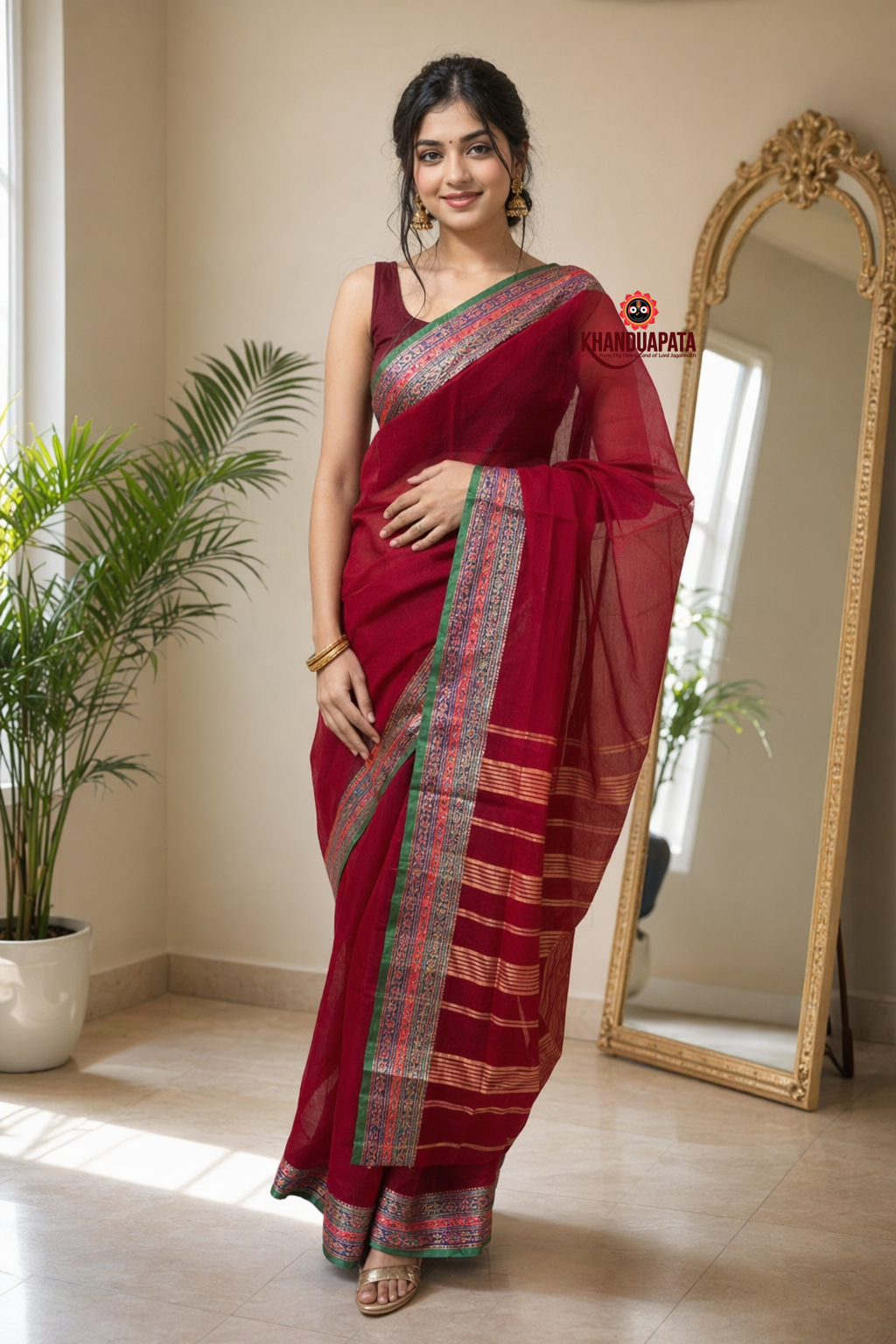 Deep Red Plain Body Cotton Saree For Women