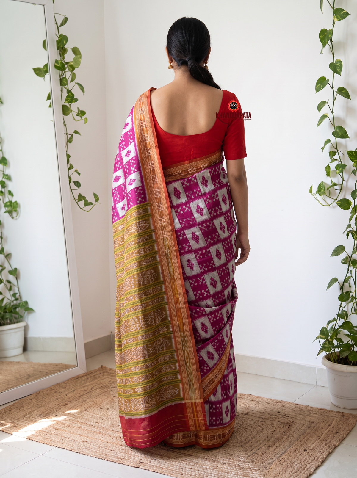 Magenta and white colour geometric Ikat design silk saree by Khanduapata - styled view