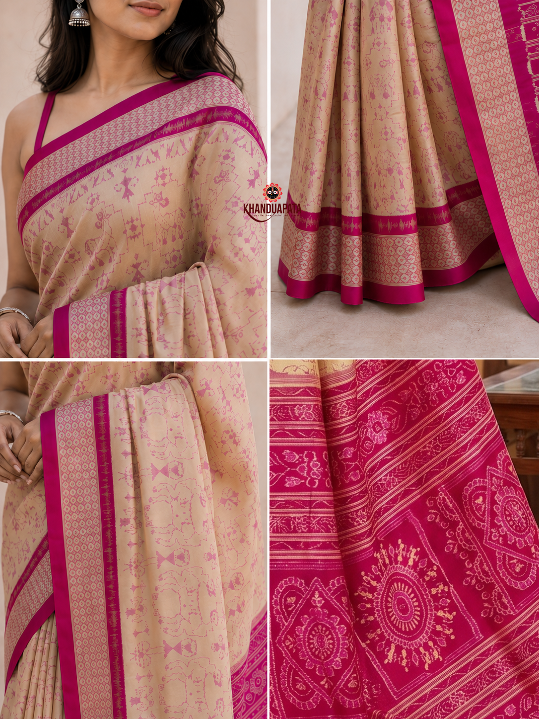 Cream and magenta floral design silk saree by Khanduapata - folded view