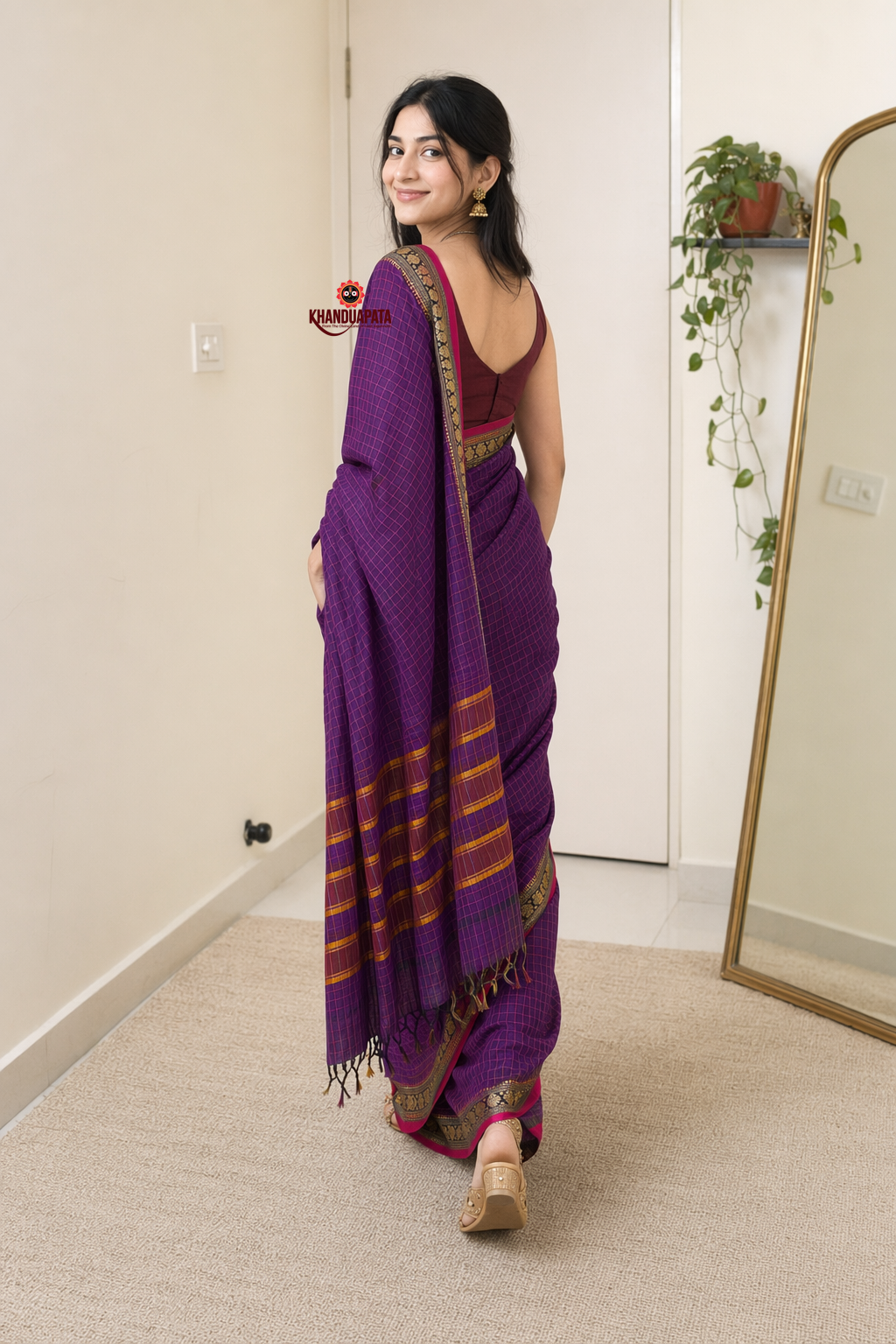 Deep Purple Checked Traditional Border Cotton Saree For Women