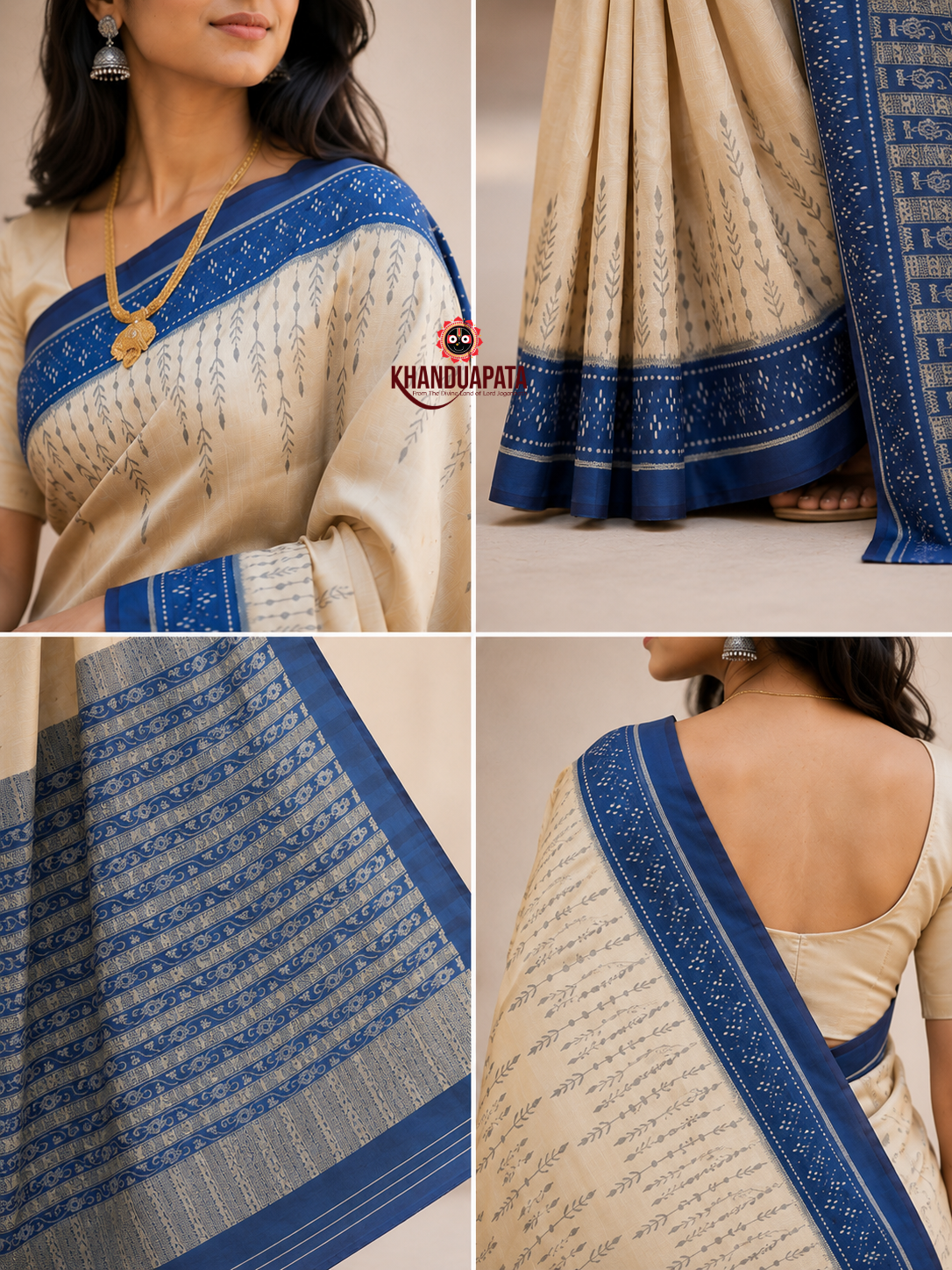 Ivory and indigo-blue border plain silk saree by Khanduapata - styled view