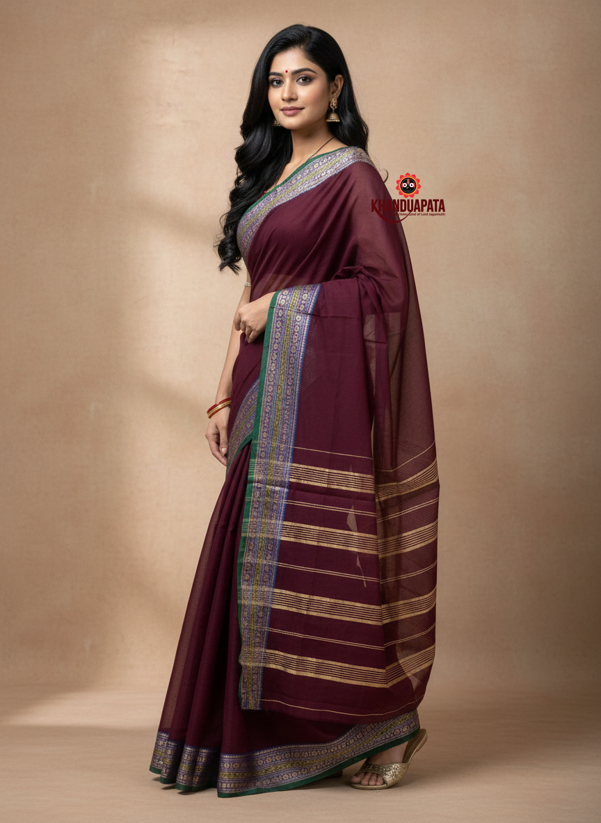 Deep Maroon Colour Plain Body Cotton Saree For Women