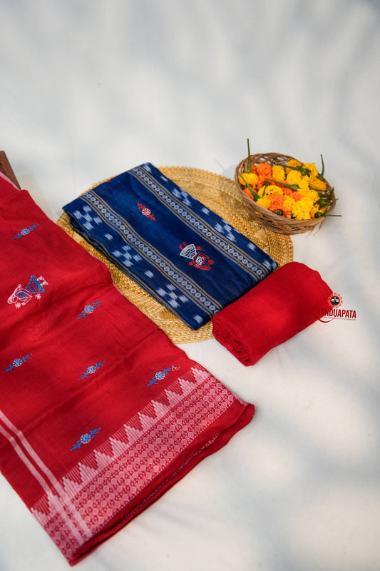 Red & Blue Embroidery Doll Design Unstitched Cotton Suit For Women