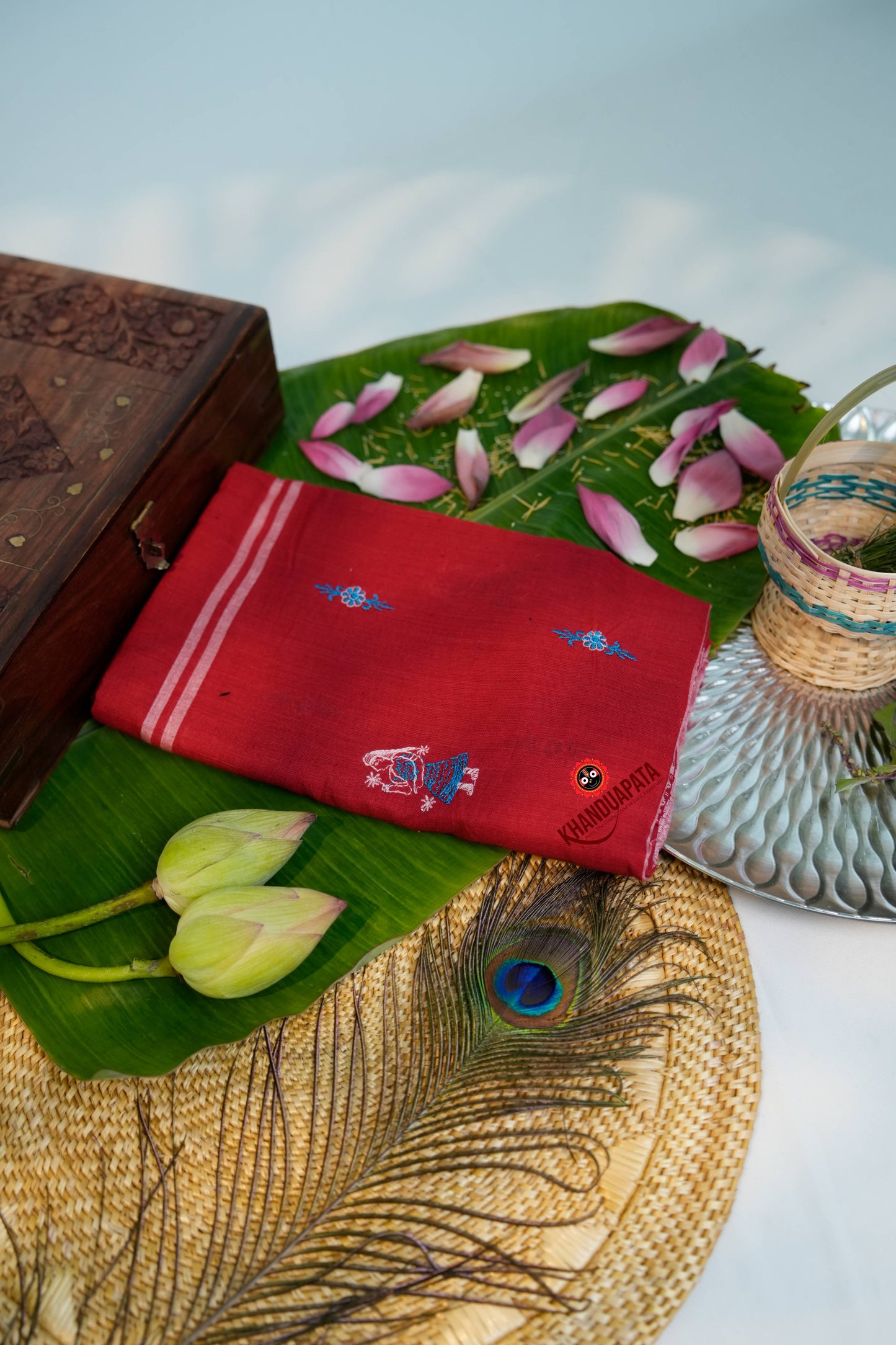 Red & Blue Embroidery Doll Design Unstitched Cotton Suit For Women