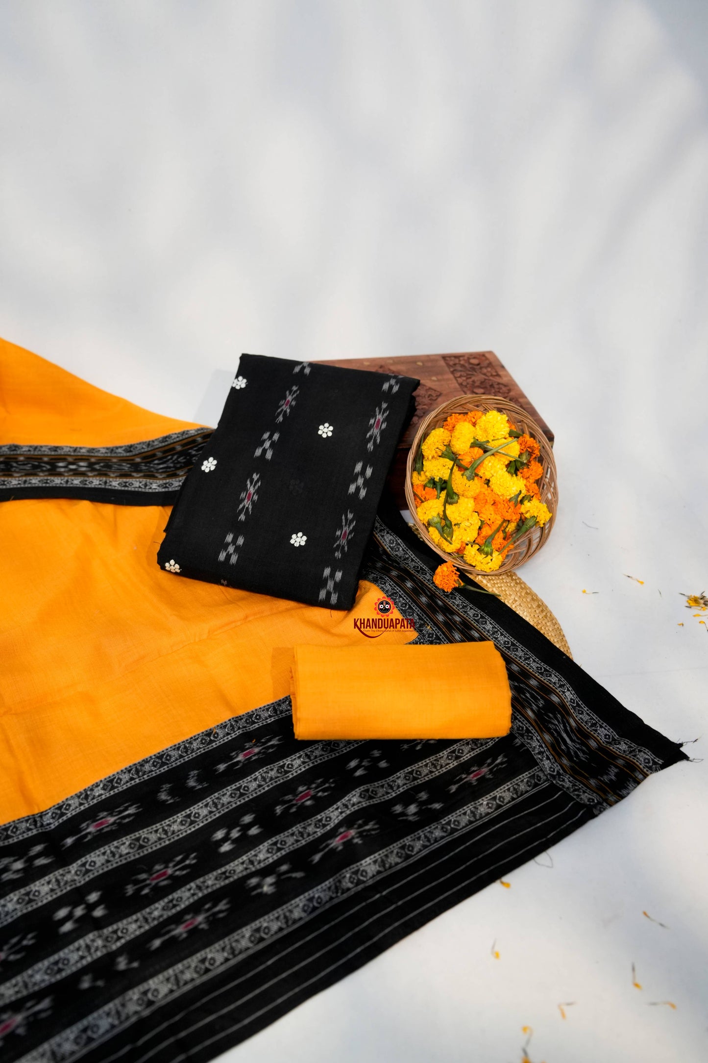 Black & Yellow Small Flower Design Unstitched Cotton Suit For Women
