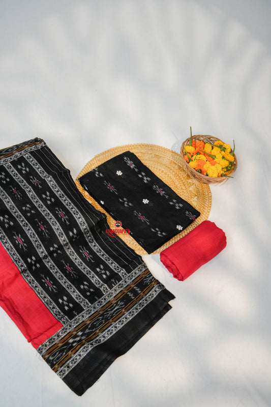 Black & Red Small Flower Design Unstitched Cotton Suit For Women