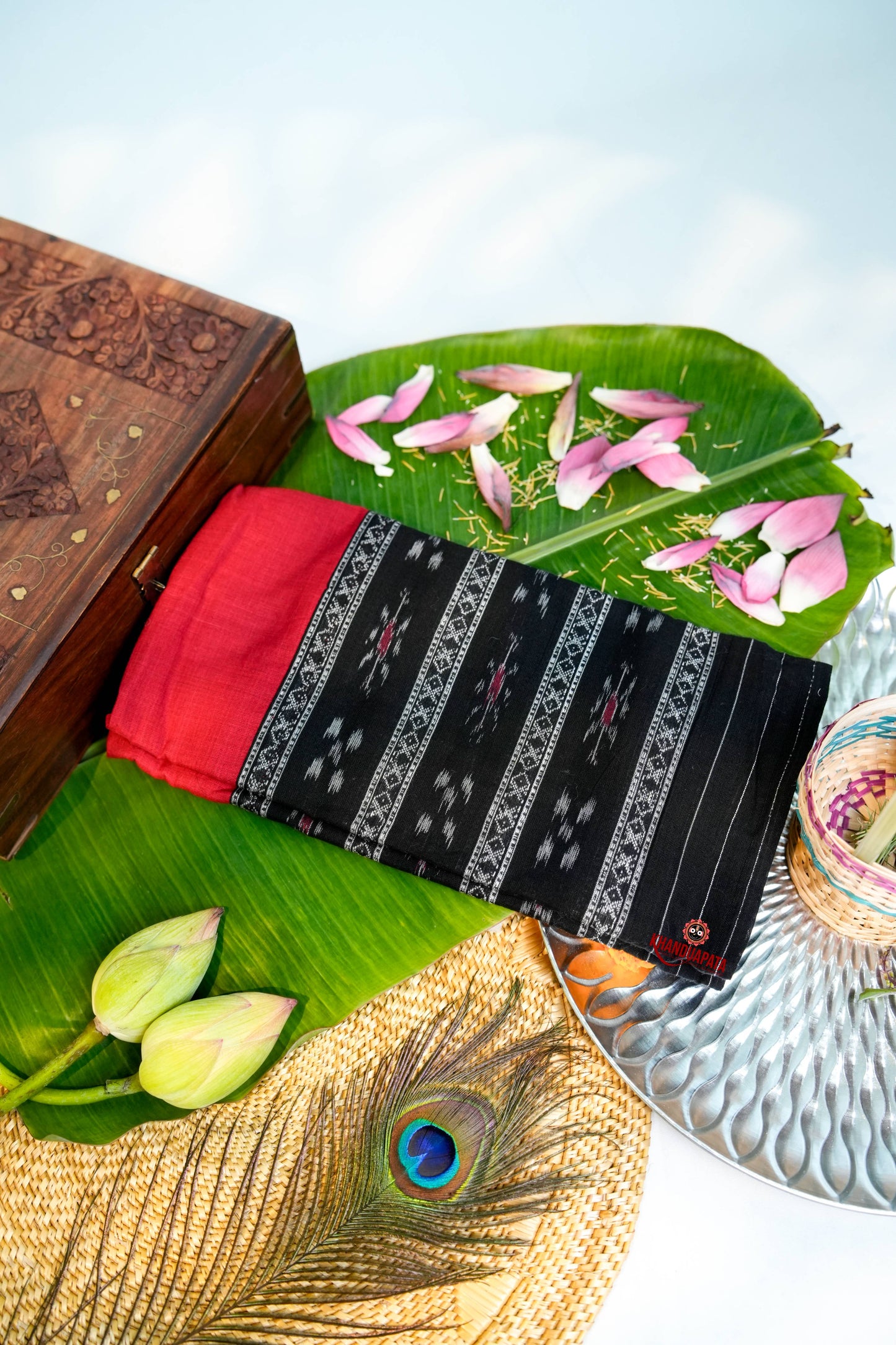 Black & Red Small Flower Design Unstitched Cotton Suit For Women