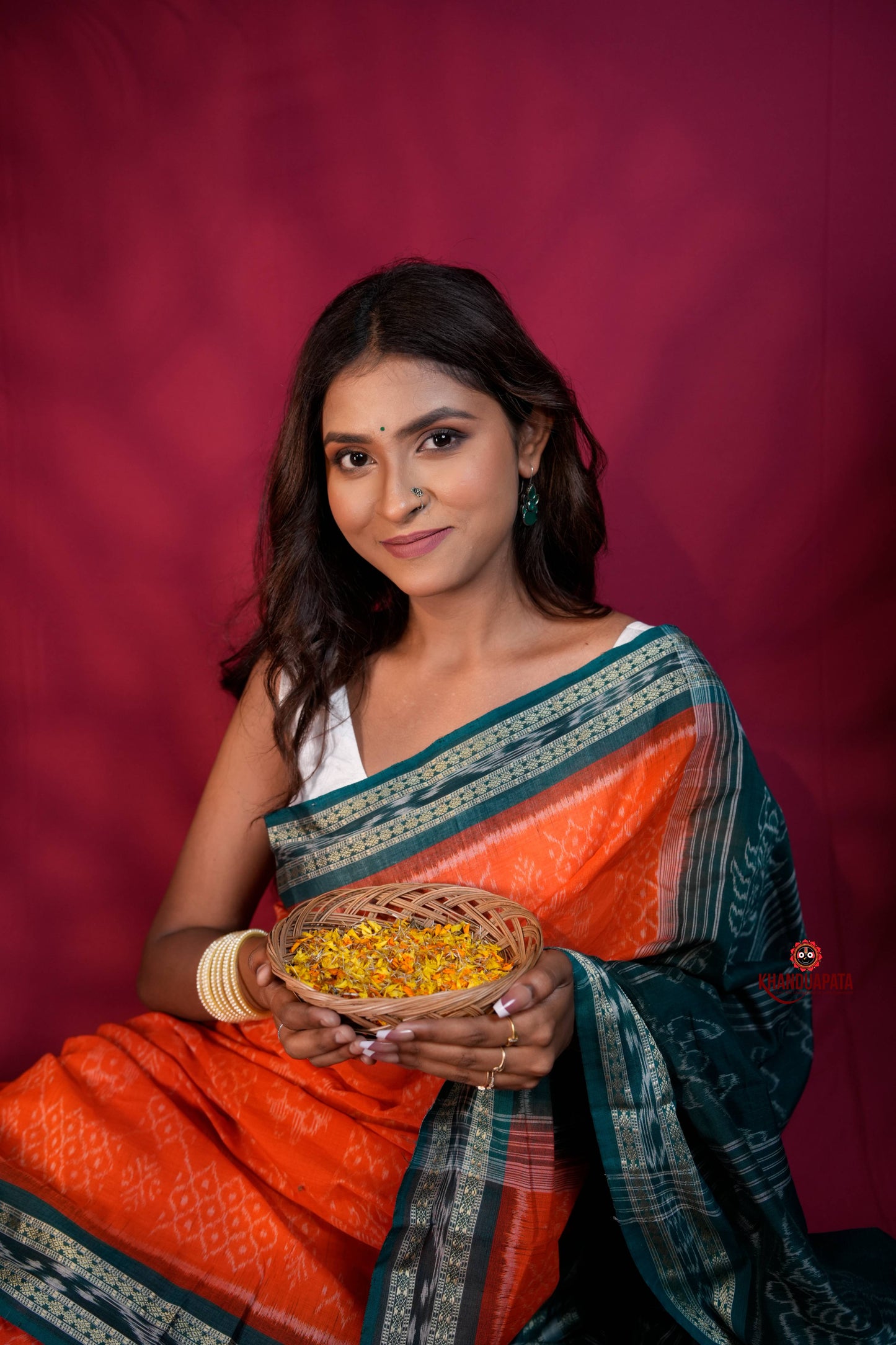 Orange & Teal Colour Body Design Cotton Saree For Women