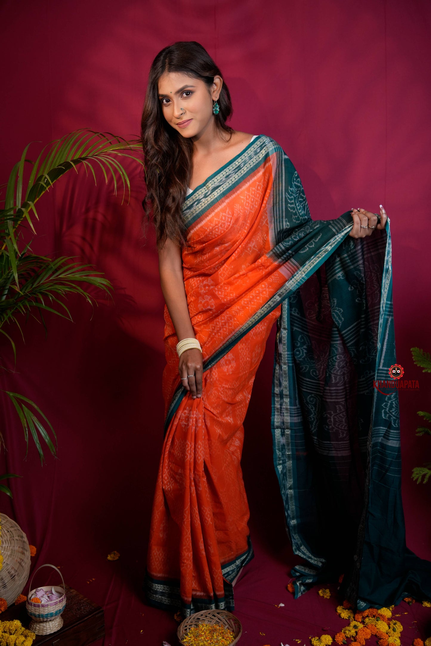 Orange & Teal Colour Body Design Cotton Saree For Women
