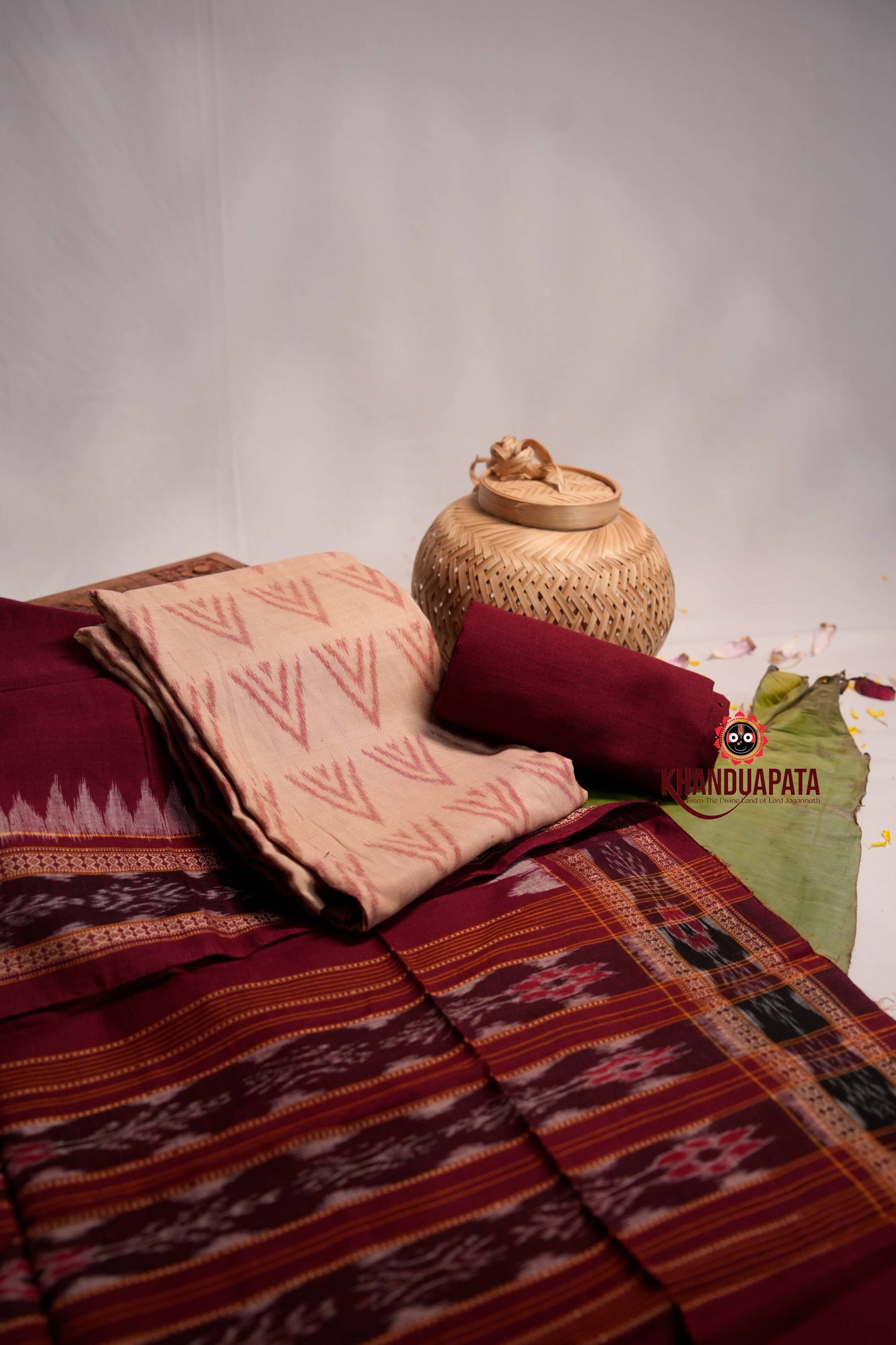 Red & Beige Ethnic Design Unstitched Cotton Suit For Women