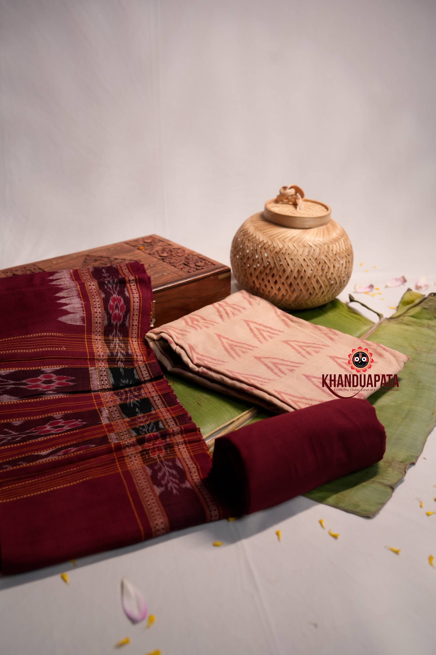 Red & Beige Ethnic Design Unstitched Cotton Suit For Women